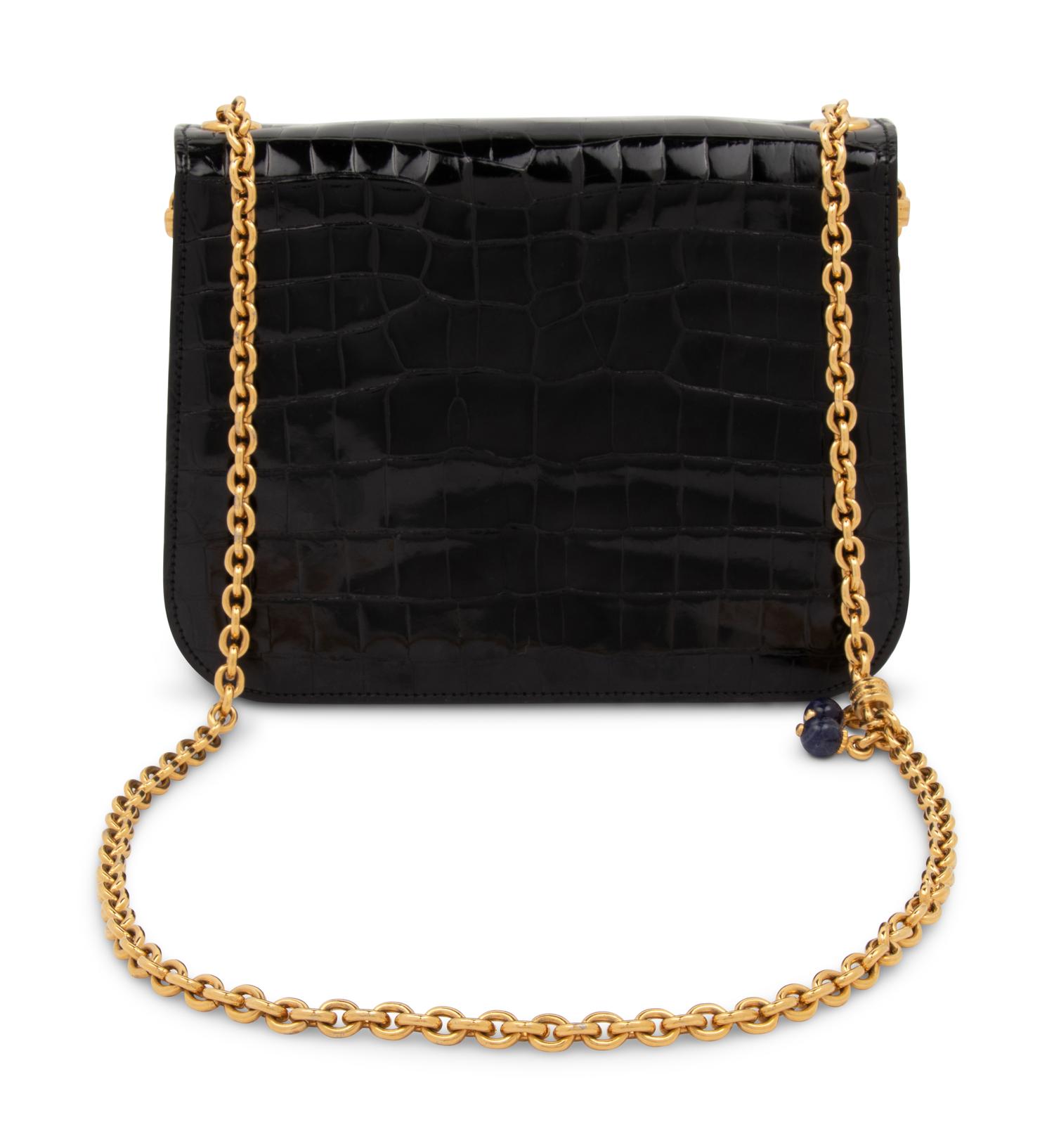 Gucci Black Crocodile Flap Bag with Gold-tone Chain, 1970-80s