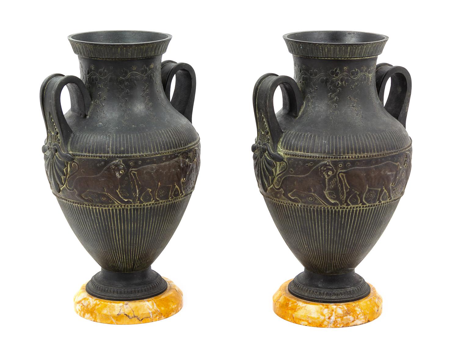 A Pair of Neoclassical Cast Metal Urns Height 15 3/4 inches. — LATE 19TH/EARLY 20TH CENTURY