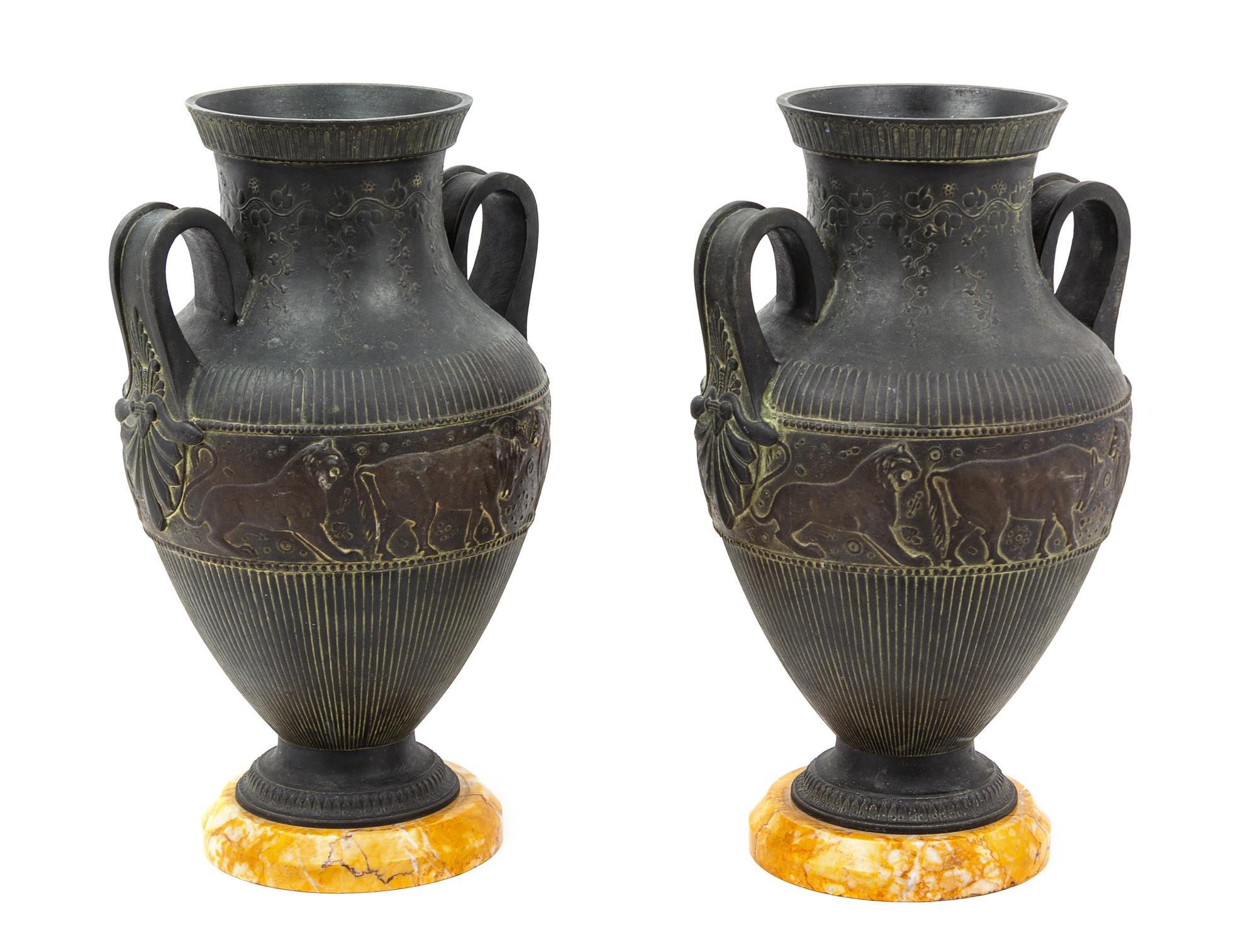 A Pair of Neoclassical Cast Metal Urns Height 15 3/4 inches. — LATE 19TH/EARLY 20TH CENTURY