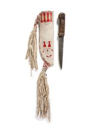 Santee Sioux Quilled Figural Hide Knife Sheath, with Knife