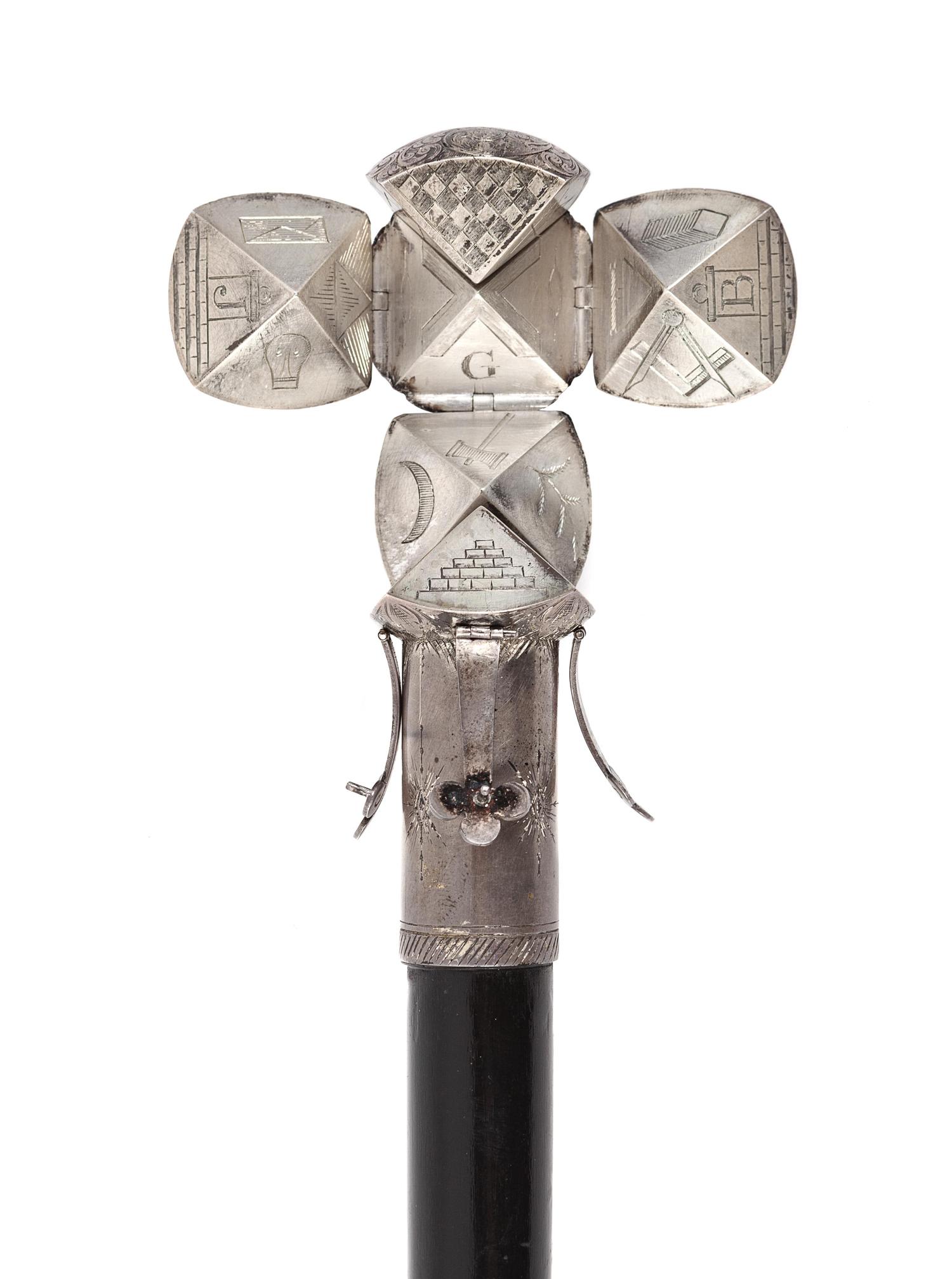 An English Silver-Plate Mounted and Ebonized Masonic Orb System Walking Stick