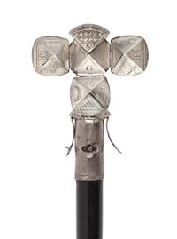 An English Silver-Plate Mounted and Ebonized Masonic Orb System Walking Stick