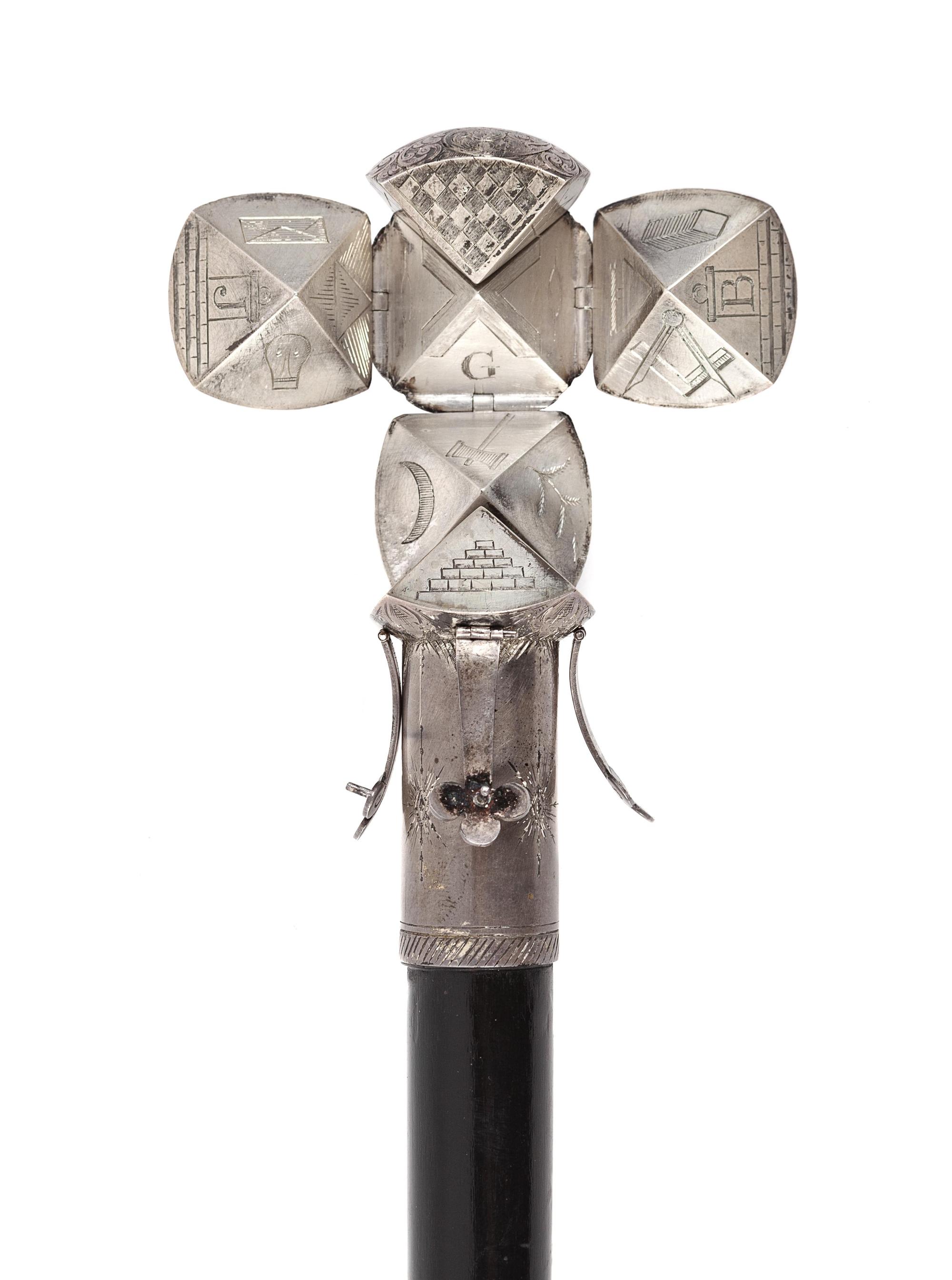 An English Silver-Plate Mounted and Ebonized Masonic Orb System Walking Stick