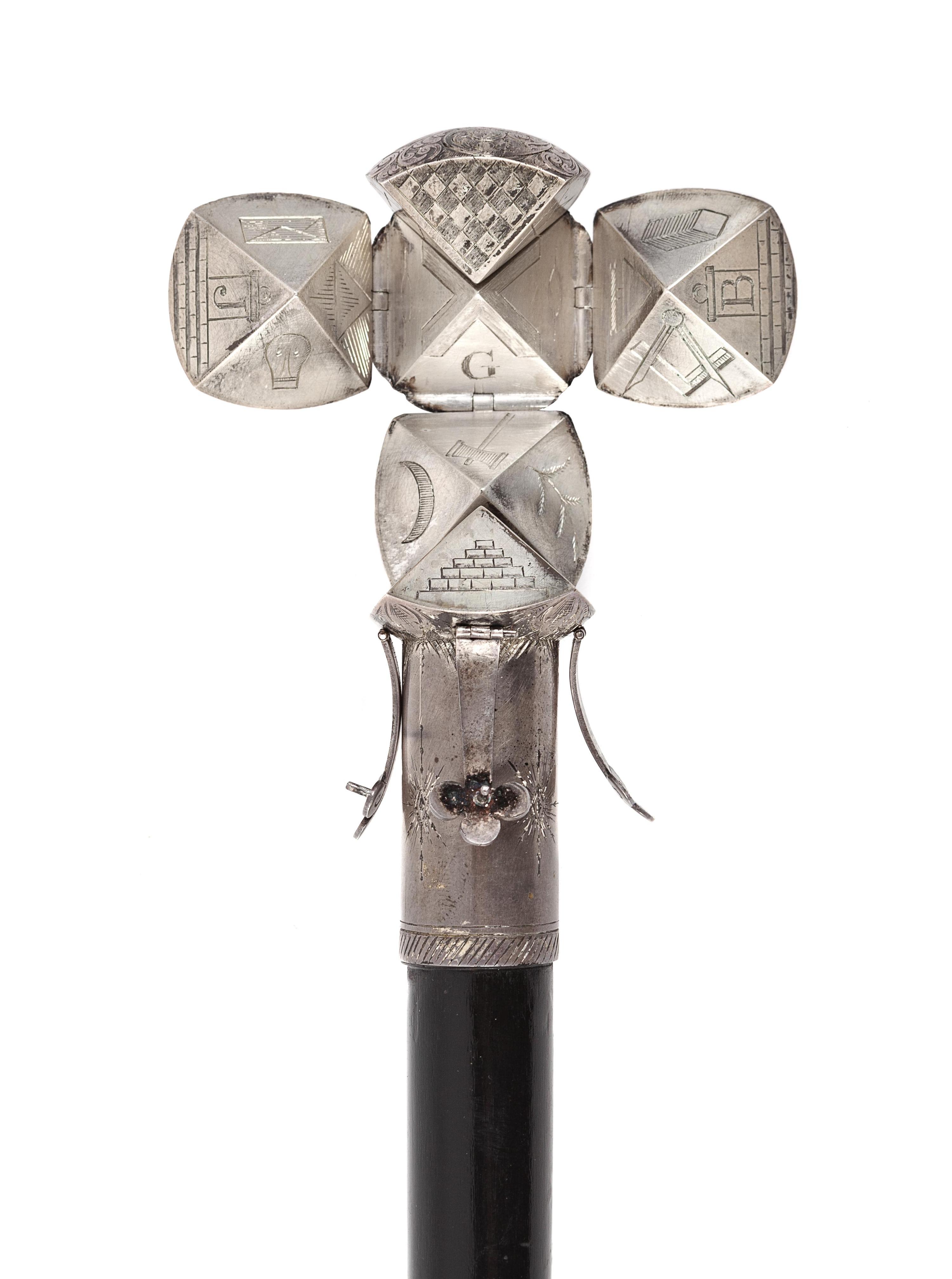 An English Silver-Plate Mounted and Ebonized Masonic Orb System Walking Stick