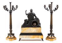 A Neoclassical Style Gilt and Patinated Bronze and Sienna Marble Clock Garniture