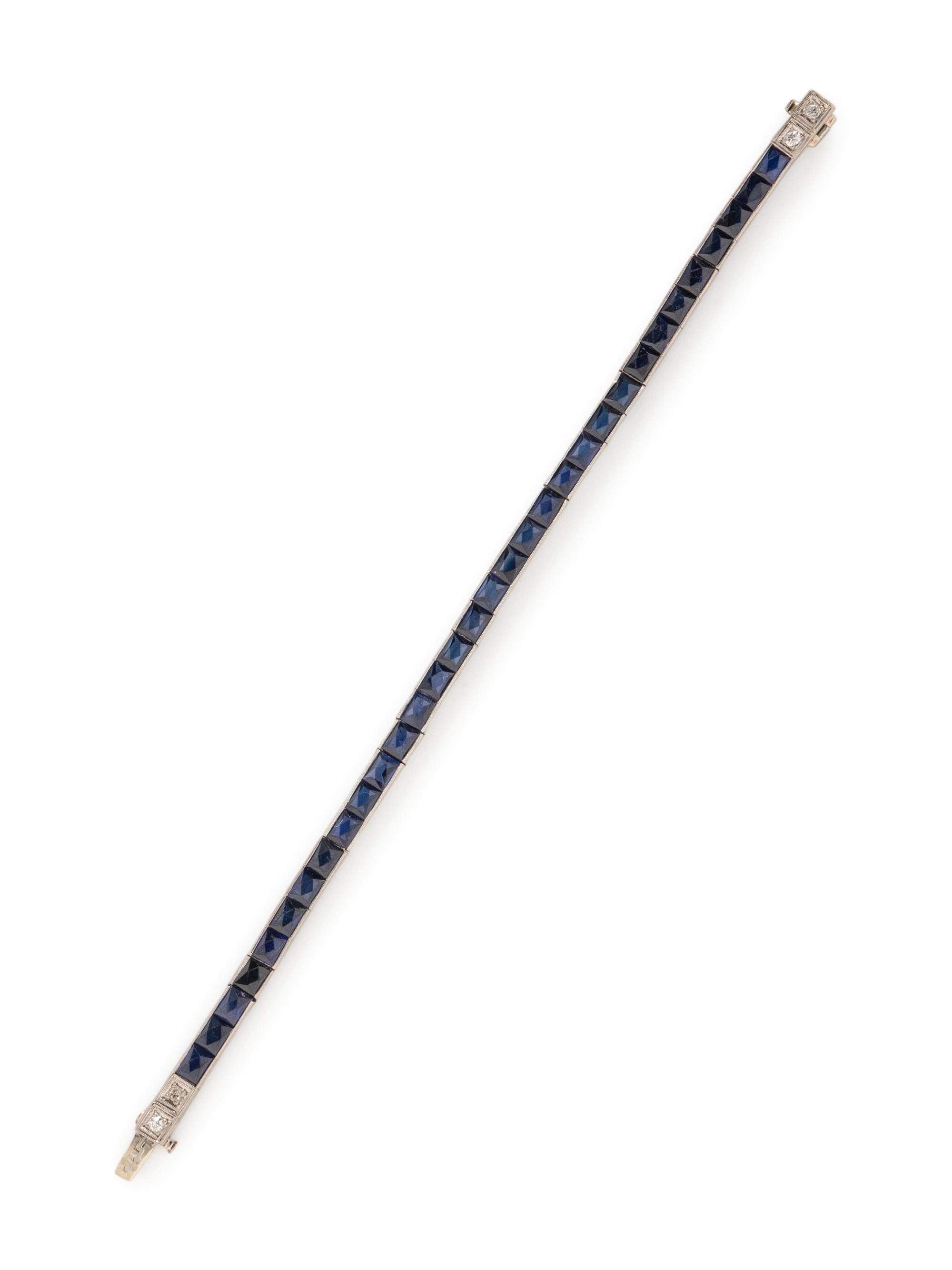 ART DECO, PLATINUM, SYNTHETIC SAPPHIRE, AND DIAMOND LINE BRACELET