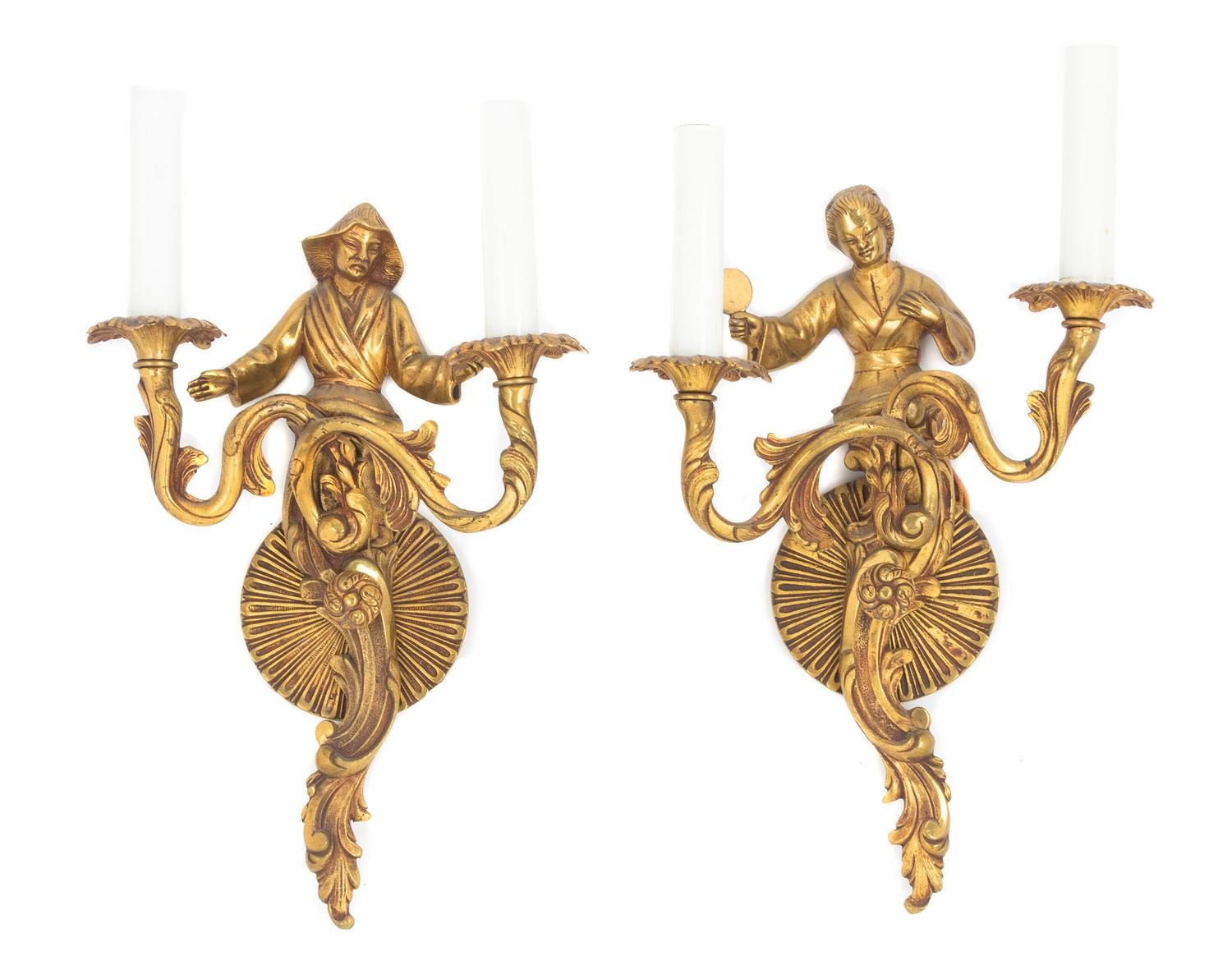 A Pair of Gilt Bronze Two-Light Figural Sconces Height 16 inches. — EARLY 20TH CENTURY