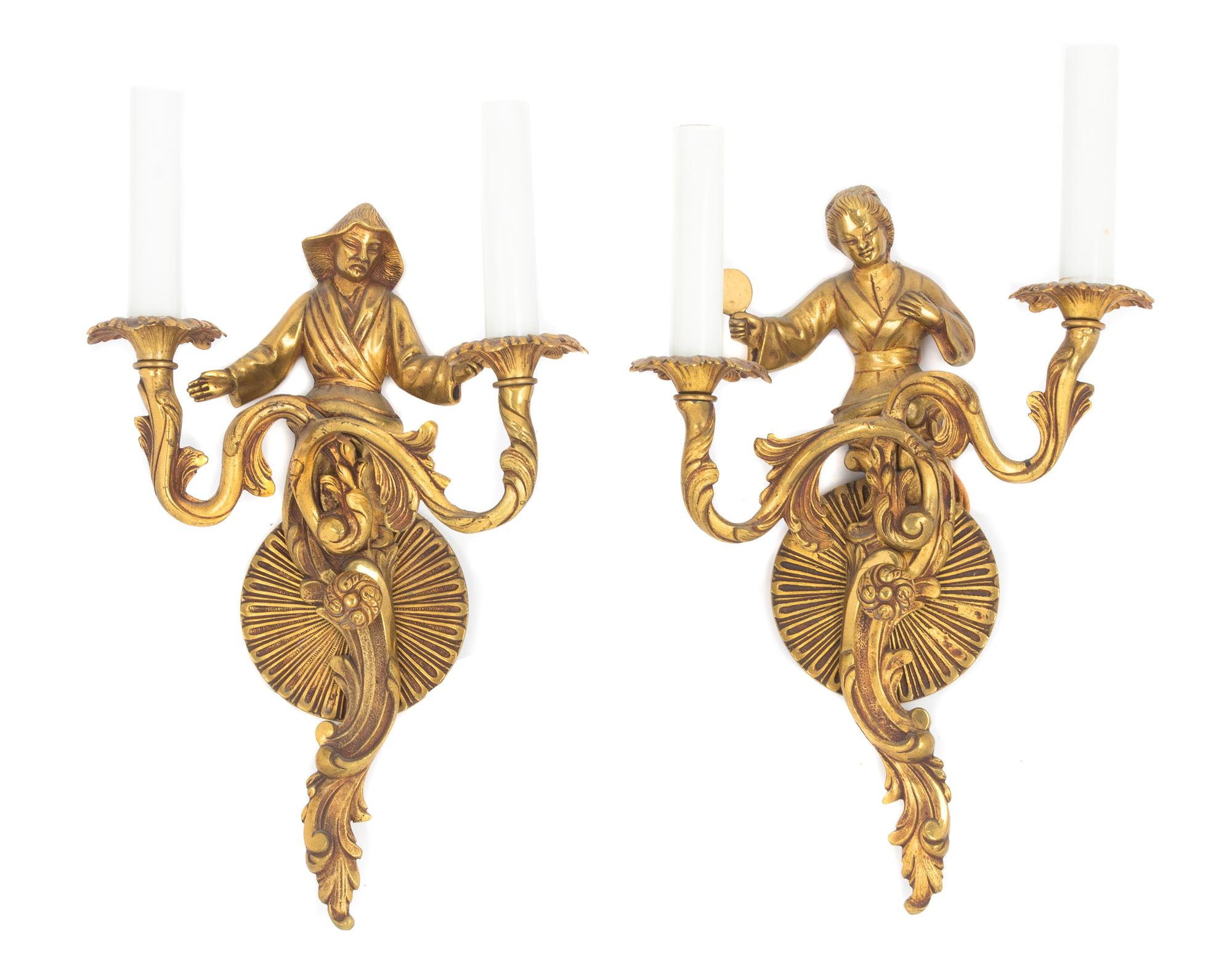 A Pair of Gilt Bronze Two-Light Figural Sconces Height 16 inches. — EARLY 20TH CENTURY