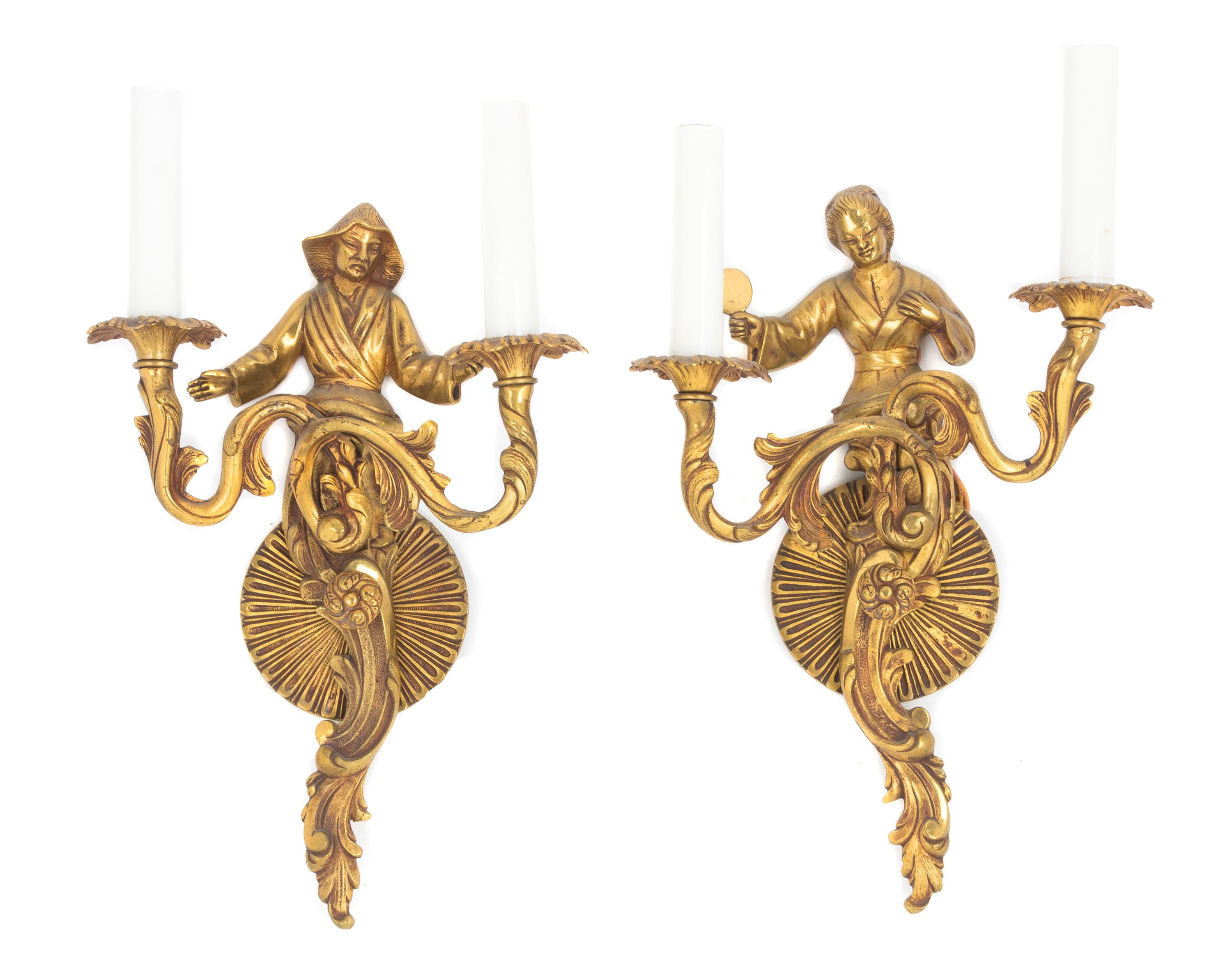 A Pair of Gilt Bronze Two-Light Figural Sconces Height 16 inches. — EARLY 20TH CENTURY