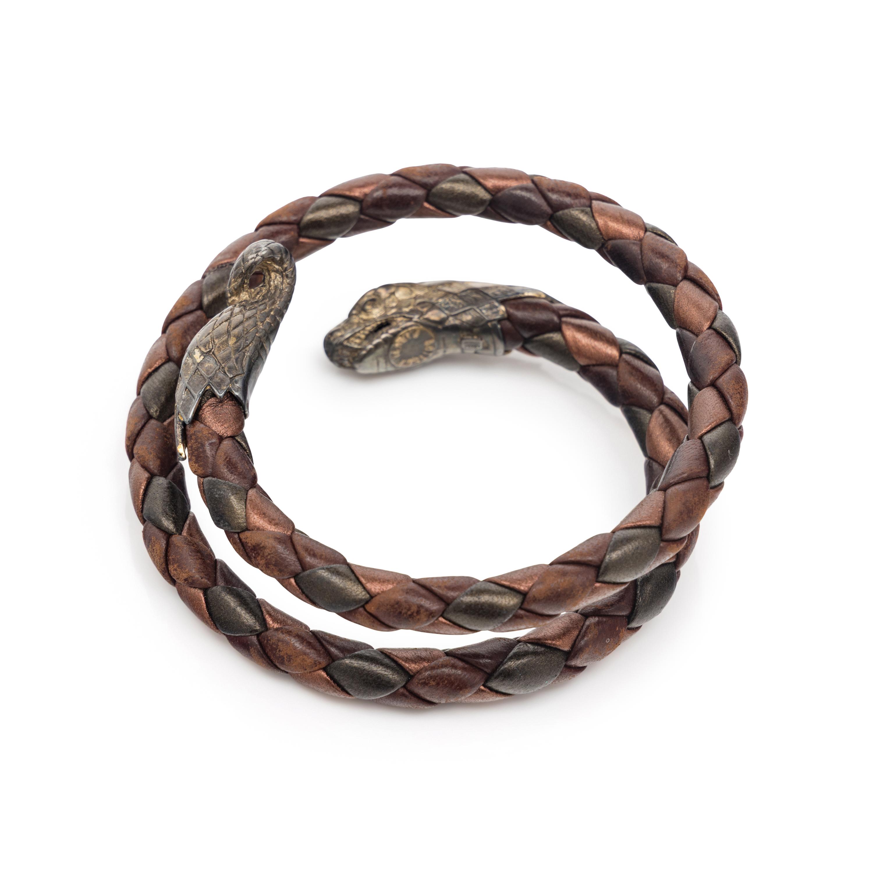 Bottega Veneta, Woven Leather & Sterling Snake Bracelet