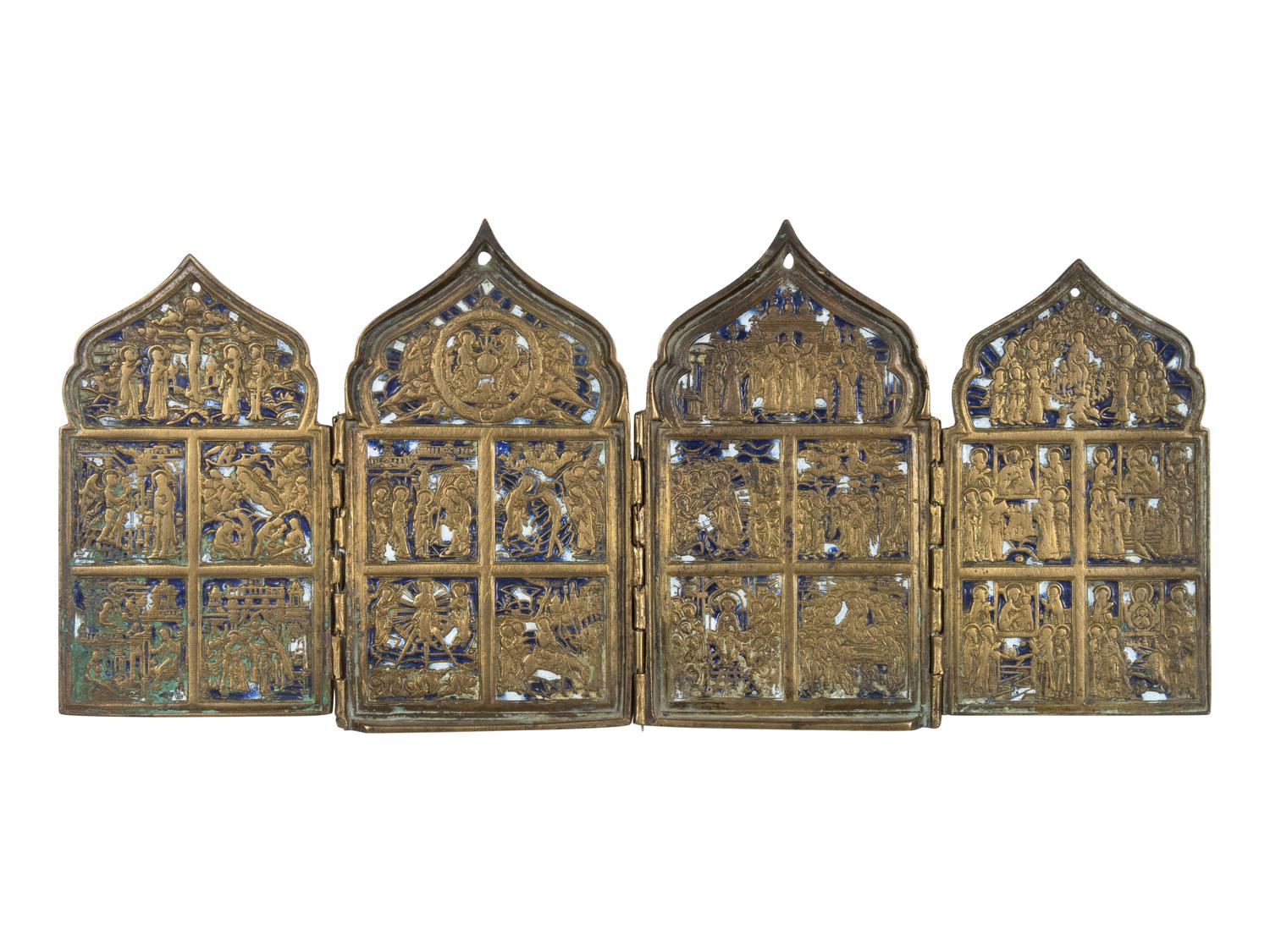 Six Russian Enamel Decorated Cast Bronze Icon Articles