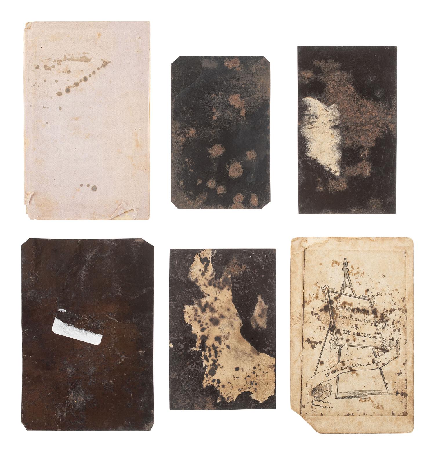 6 tintypes of western subjects incl. Native Americans, one in Fort Smith, AR imprinted sleeve.