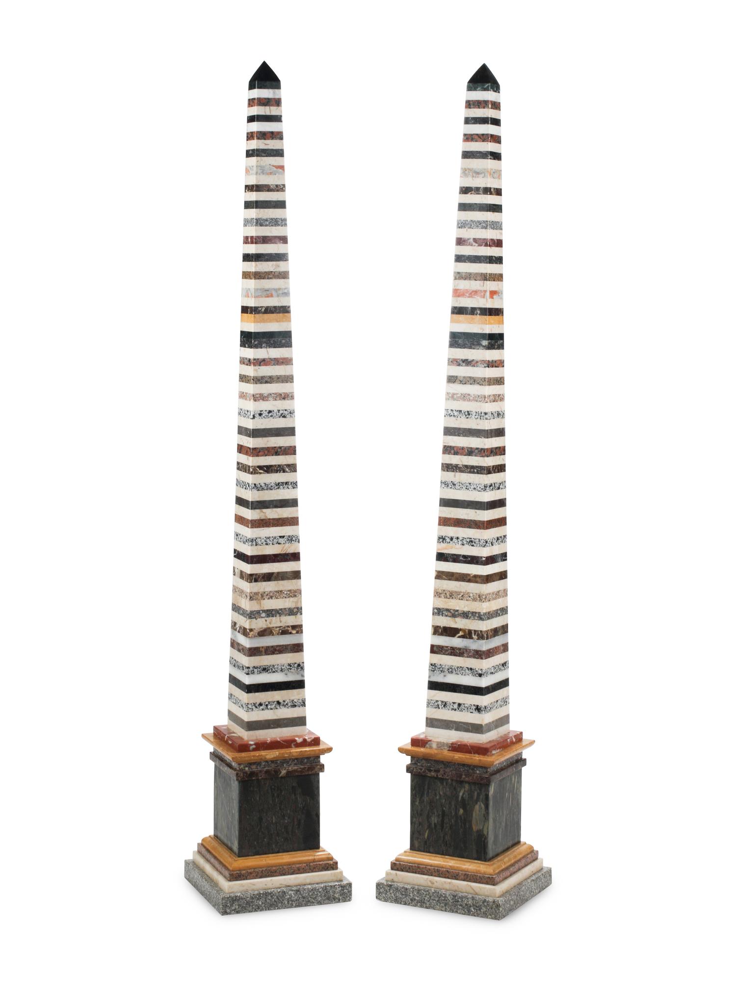 A Pair of Monumental Grand Tour Style Marble-Inlaid Obelisks