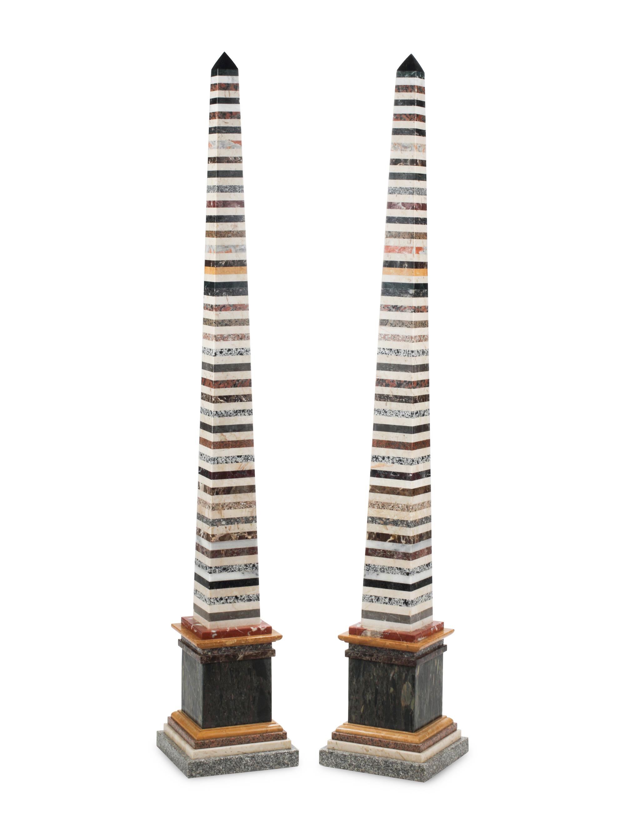 A Pair of Monumental Grand Tour Style Marble-Inlaid Obelisks