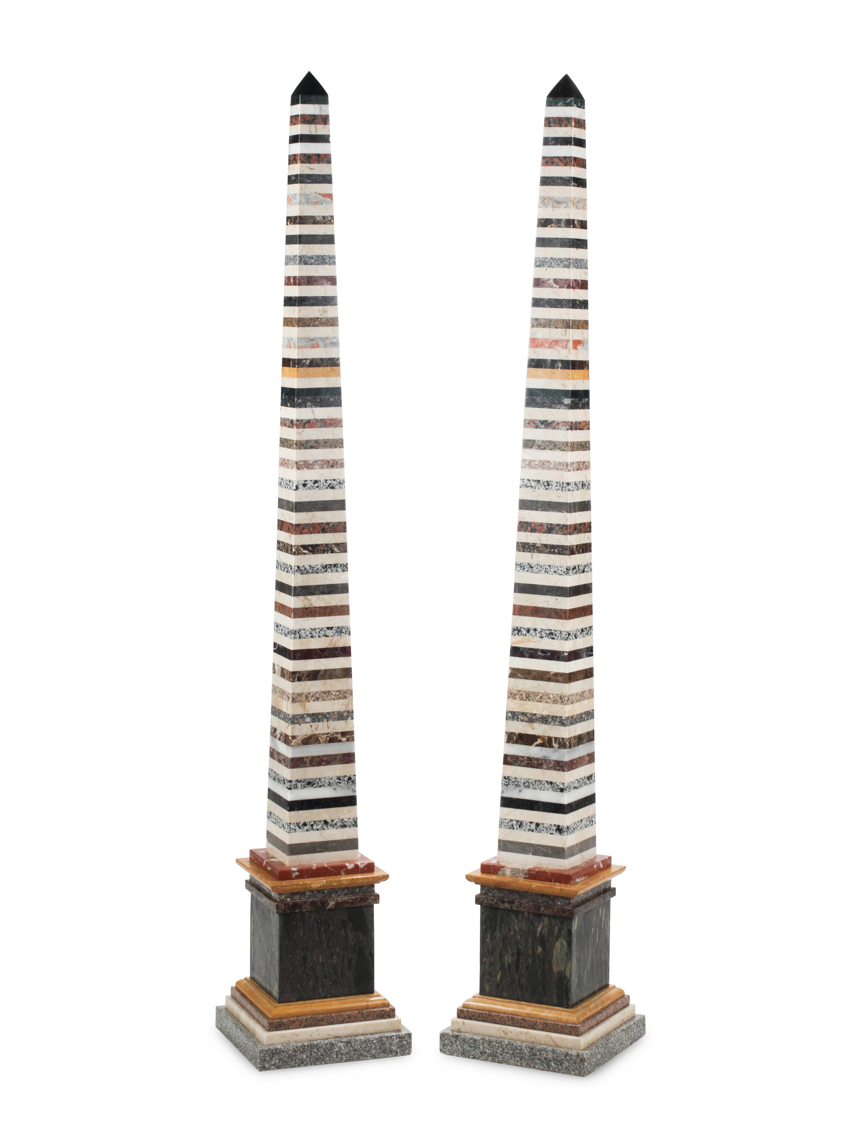 A Pair of Monumental Grand Tour Style Marble-Inlaid Obelisks