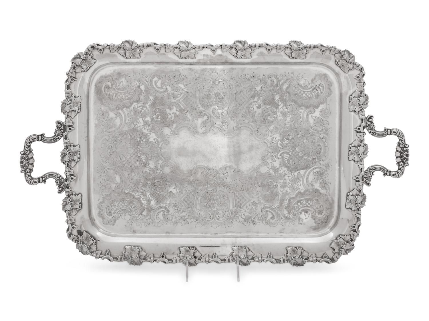 Two Large Decorative Silver-Plate Serving Trays