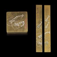 A Set of Qi Baishi 'Shrimp' Motif Scholar's Objects, Early 20th Century 民國 齊白石款蝦趣圖墨盒及紙鎮一套