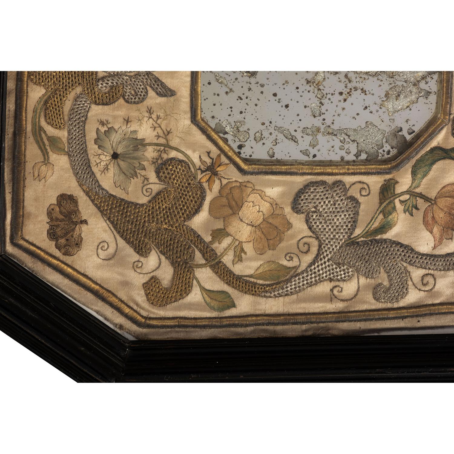 An English Metallic Stumpwork Embroidered Framed Mirror