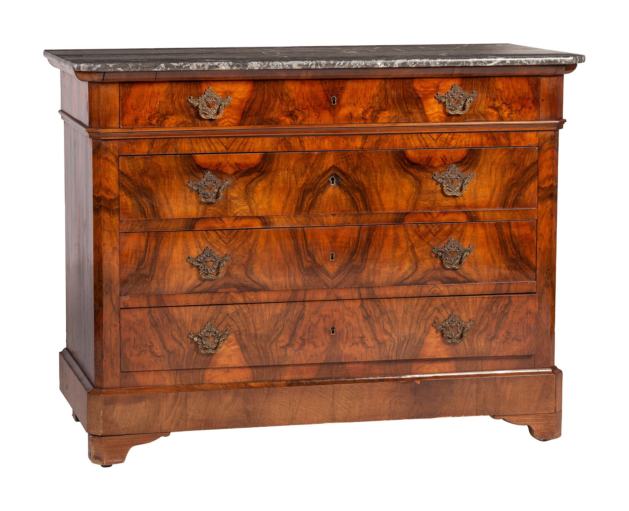 A Louis Philippe Figured Walnut Marble Top Chest of Drawers