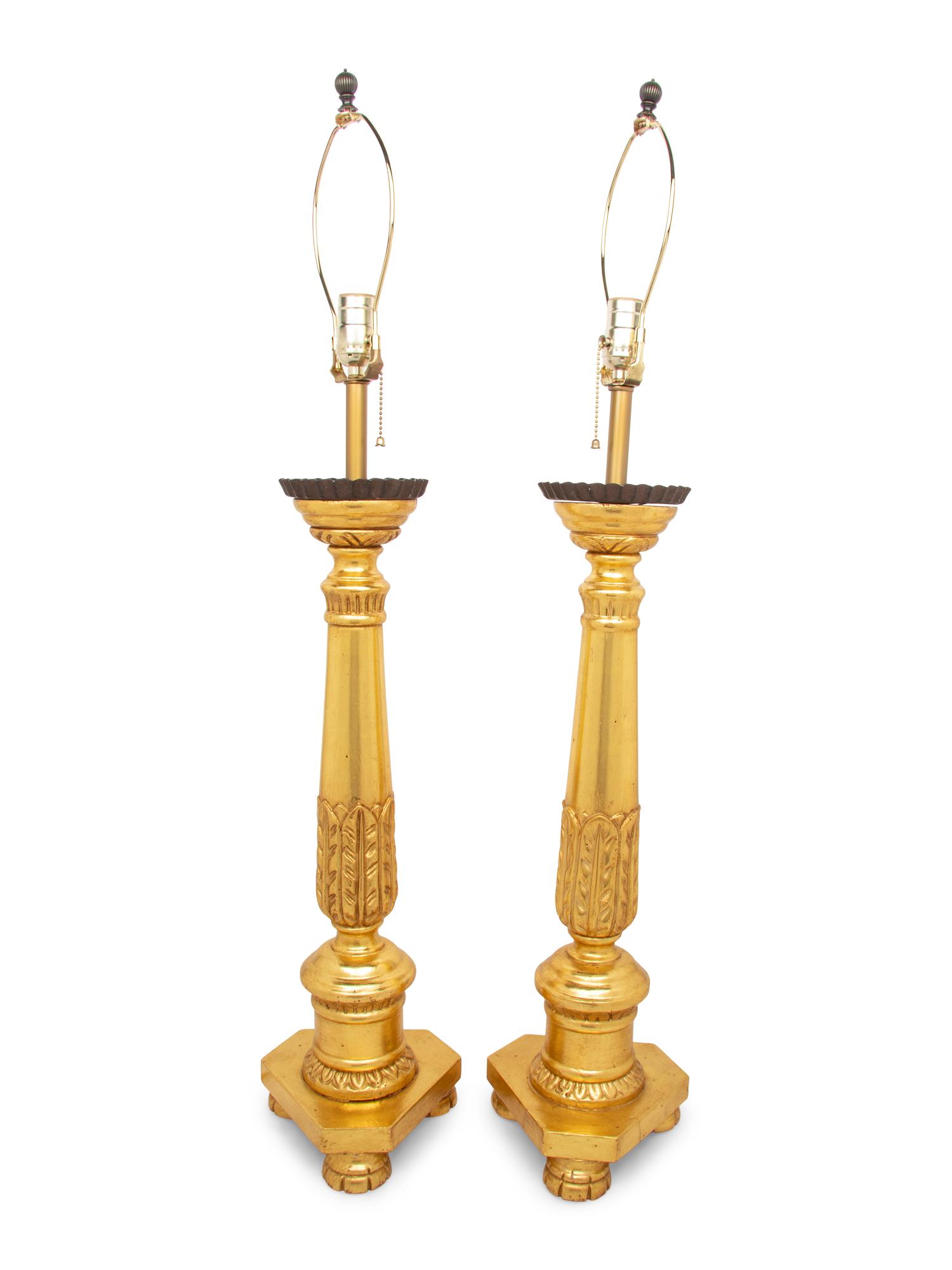 A Pair of Italian Neoclassical Style Carved Giltwood Table Lamps