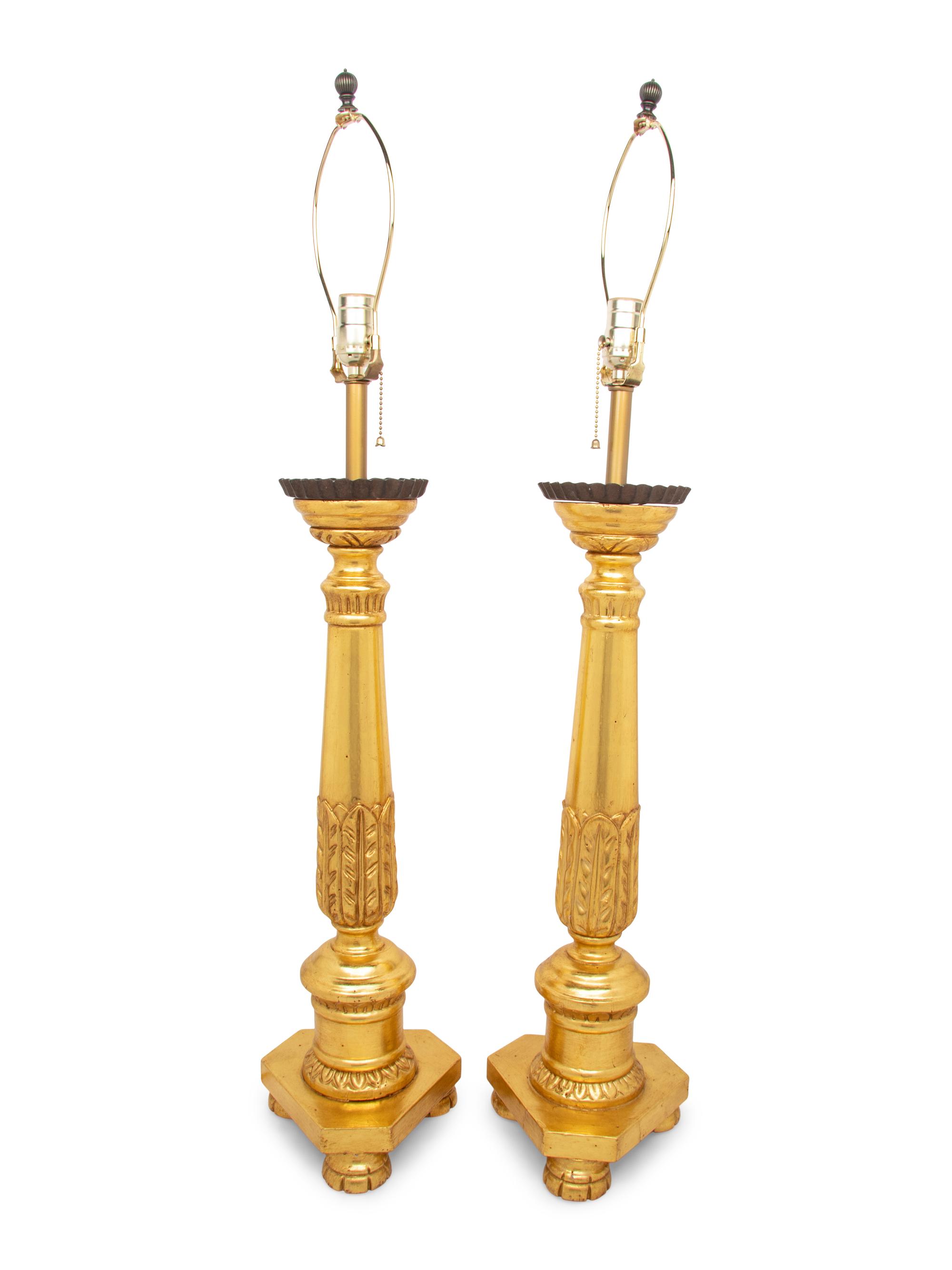 A Pair of Italian Neoclassical Style Carved Giltwood Table Lamps