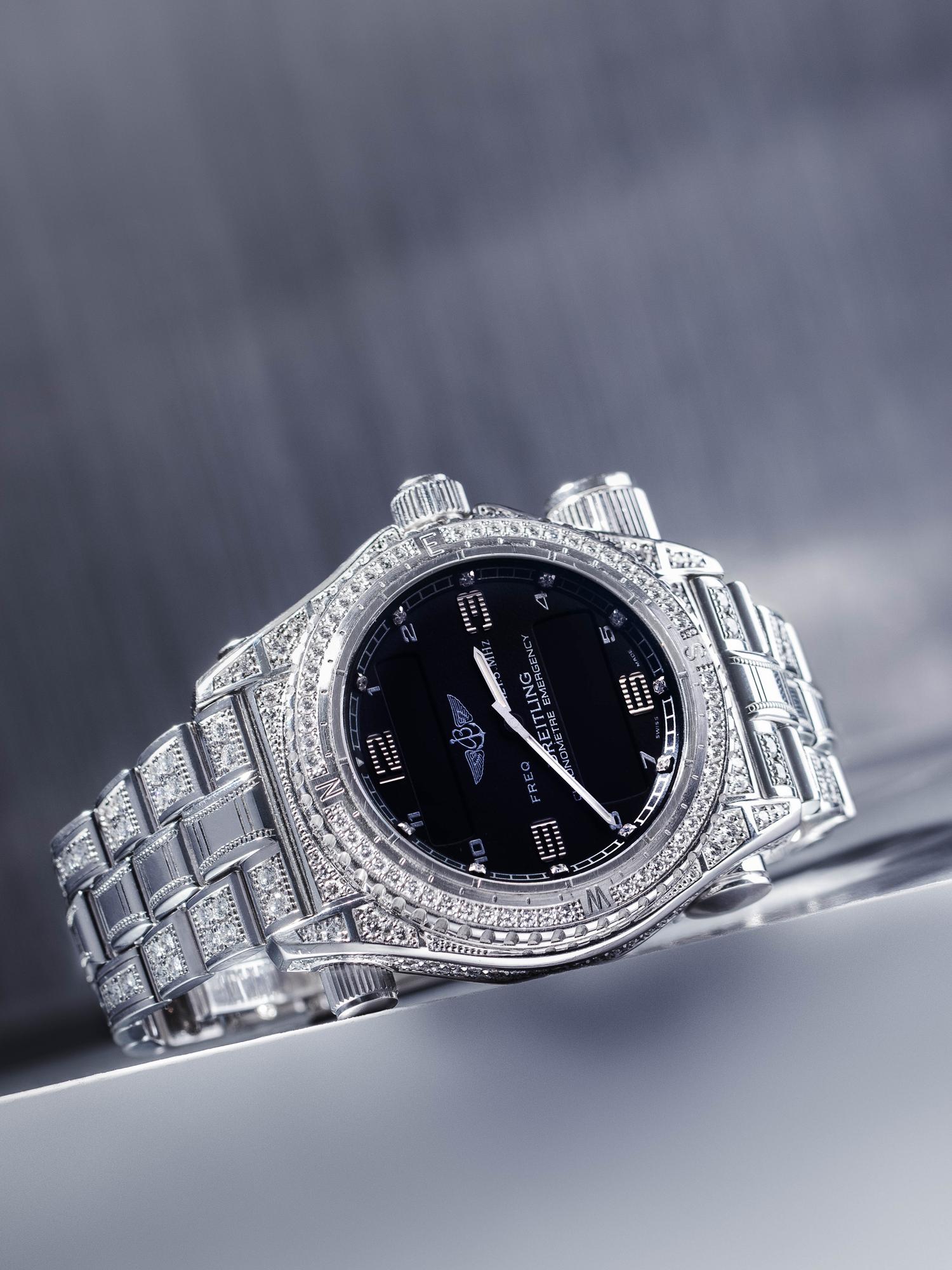 A RARE BREITLING, REF. J56321 18K WHITE GOLD AND DIAMOND LIMITED EDITION 'EMERGENCY' CHRONOGRAPH WRISTWATCH