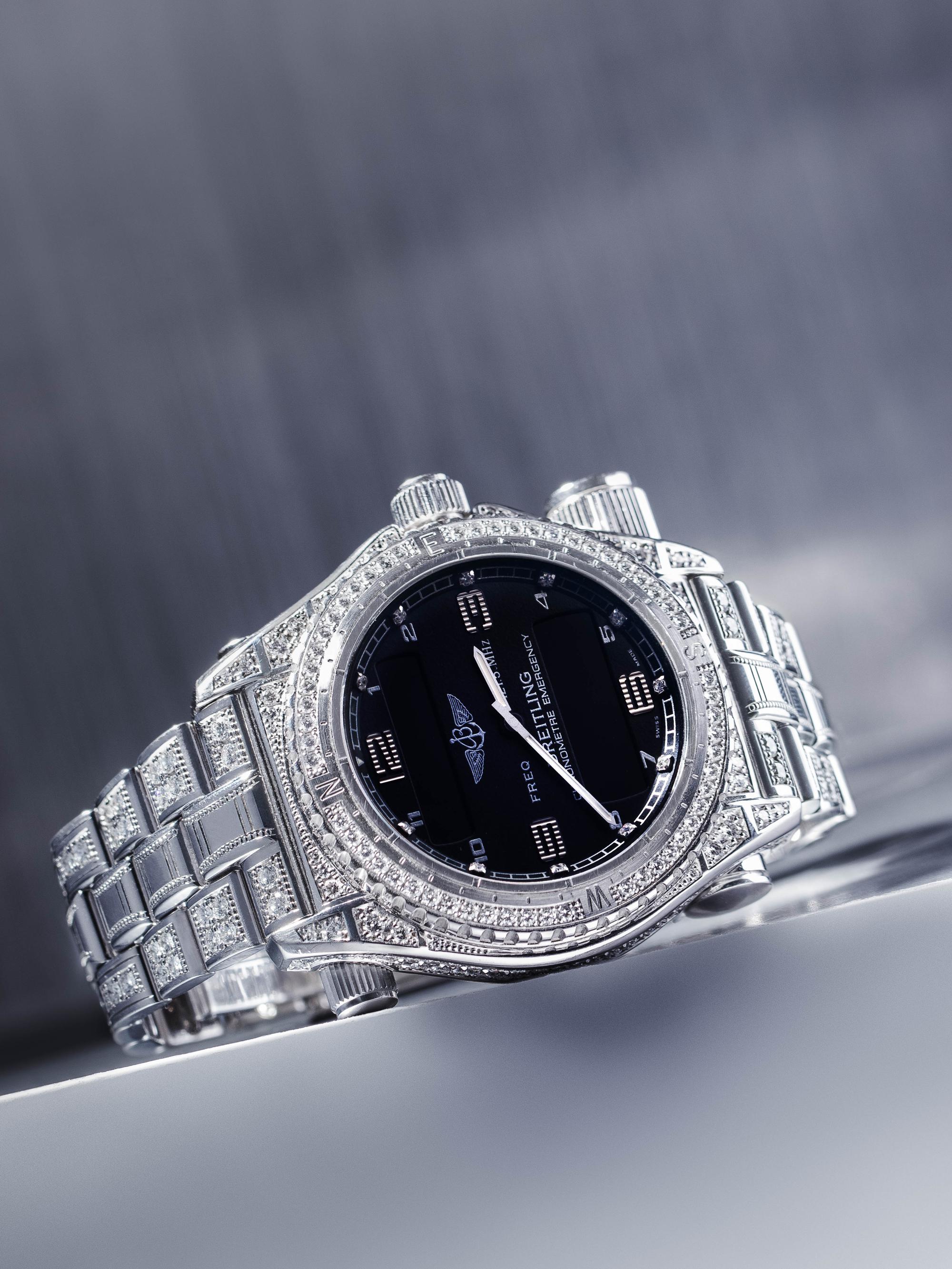 A RARE BREITLING, REF. J56321 18K WHITE GOLD AND DIAMOND LIMITED EDITION 'EMERGENCY' CHRONOGRAPH WRISTWATCH