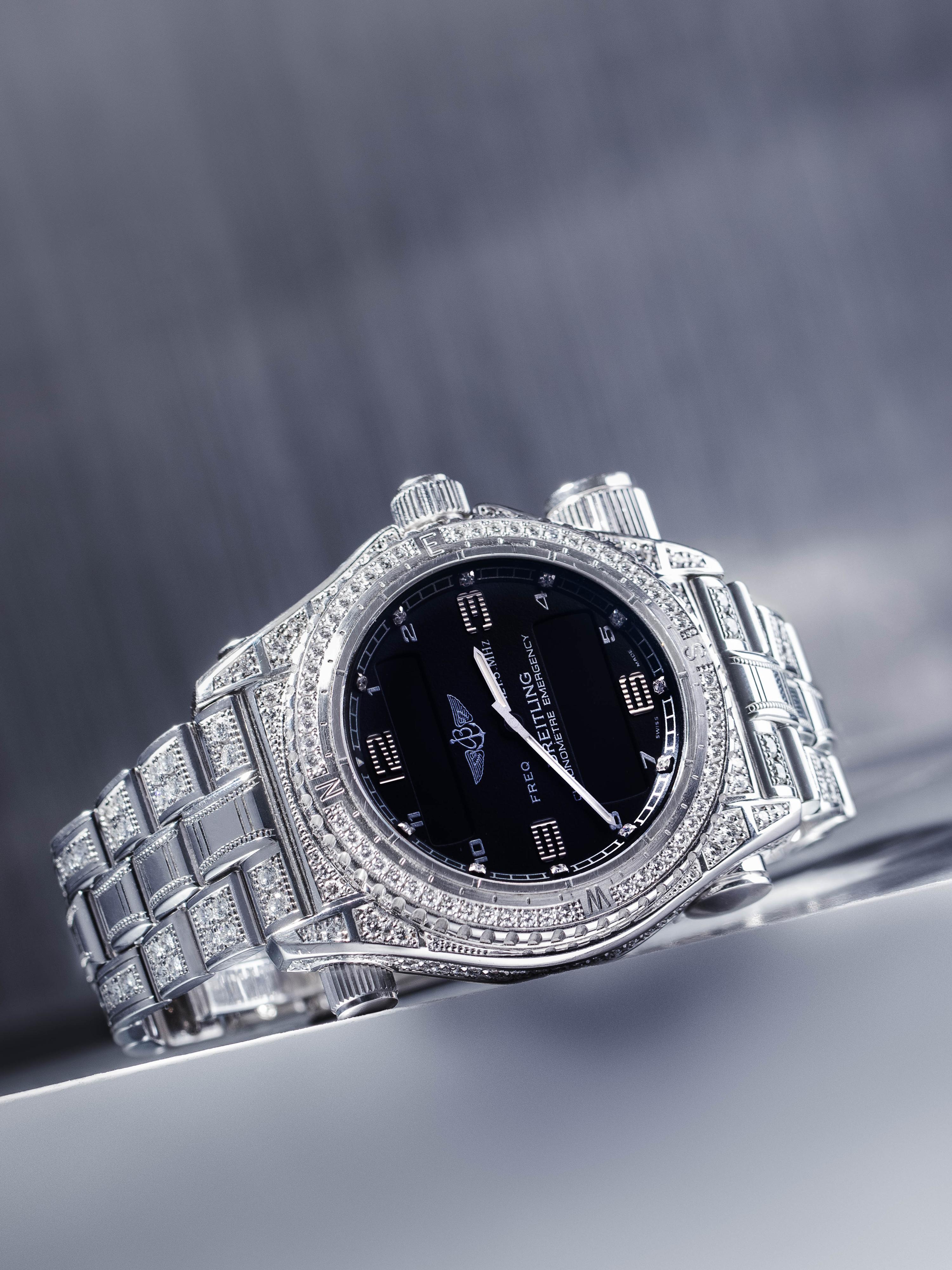 A RARE BREITLING, REF. J56321 18K WHITE GOLD AND DIAMOND LIMITED EDITION 'EMERGENCY' CHRONOGRAPH WRISTWATCH
