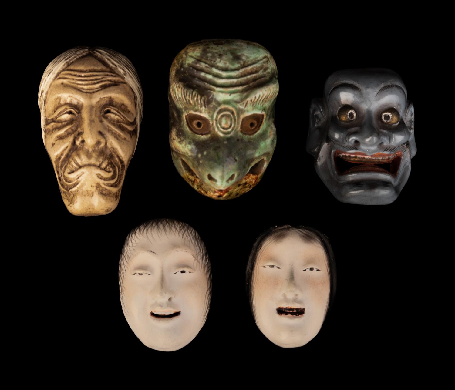 Five Miniature Japanese Ceramic Masks and One Porcelain Figural-Form Netsuke