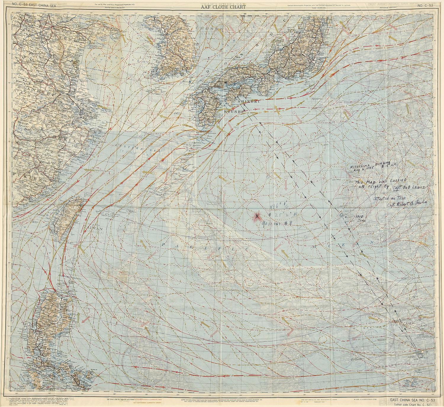 [WORLD WAR II - HIROSHIMA]. Map of the East China Sea carried on board the Enola Gay by Captain Bob Lewis, 6 August 1945.