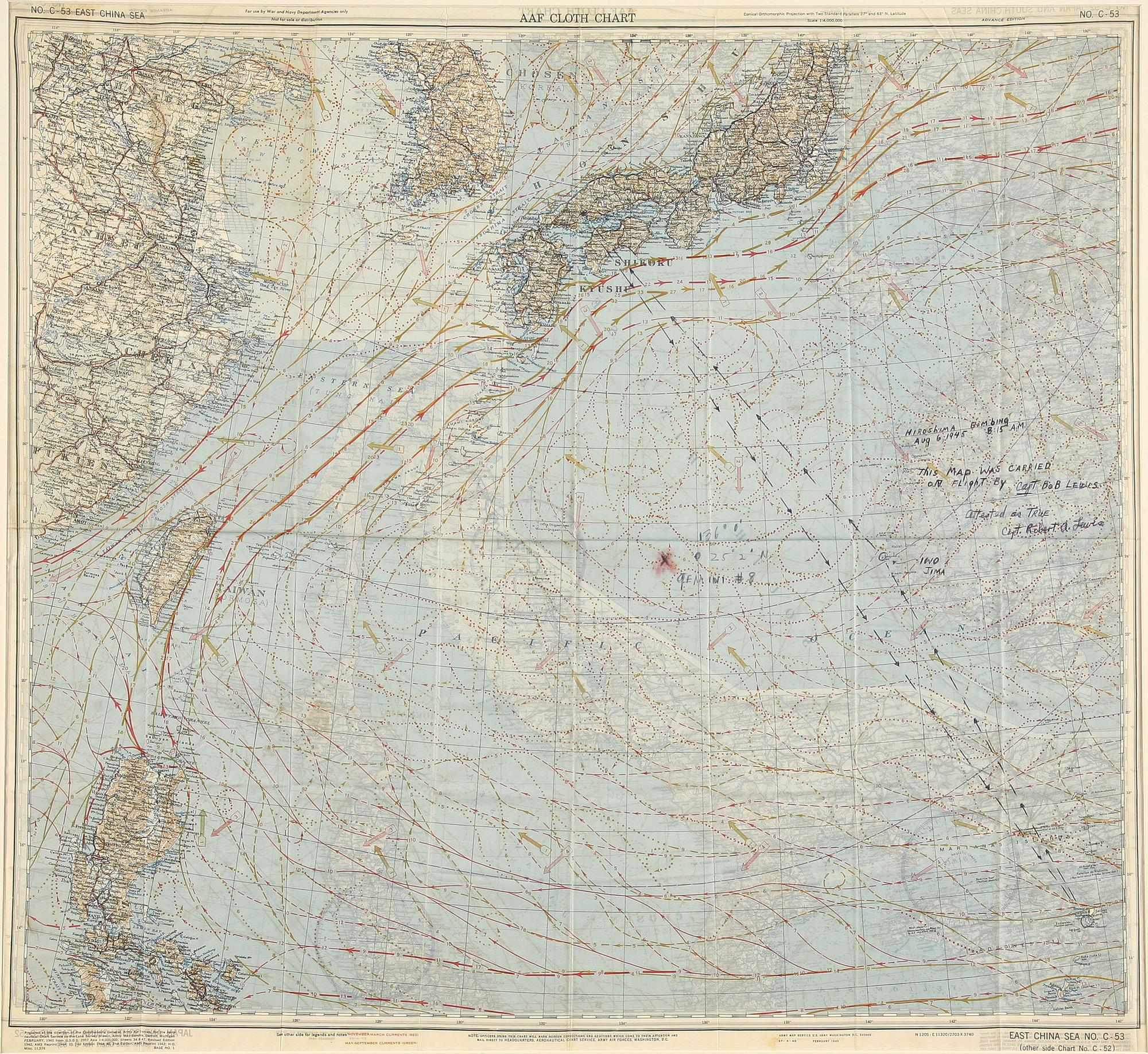 [WORLD WAR II - HIROSHIMA]. Map of the East China Sea carried on board the Enola Gay by Captain Bob Lewis, 6 August 1945.