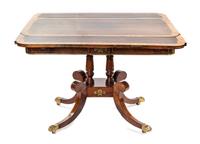 A Regency Brass Inlaid Rosewood and Satinwood Sofa Table Height 28 1/2 x width 42 x depth 23 1/4 inches. — CIRCA 1820