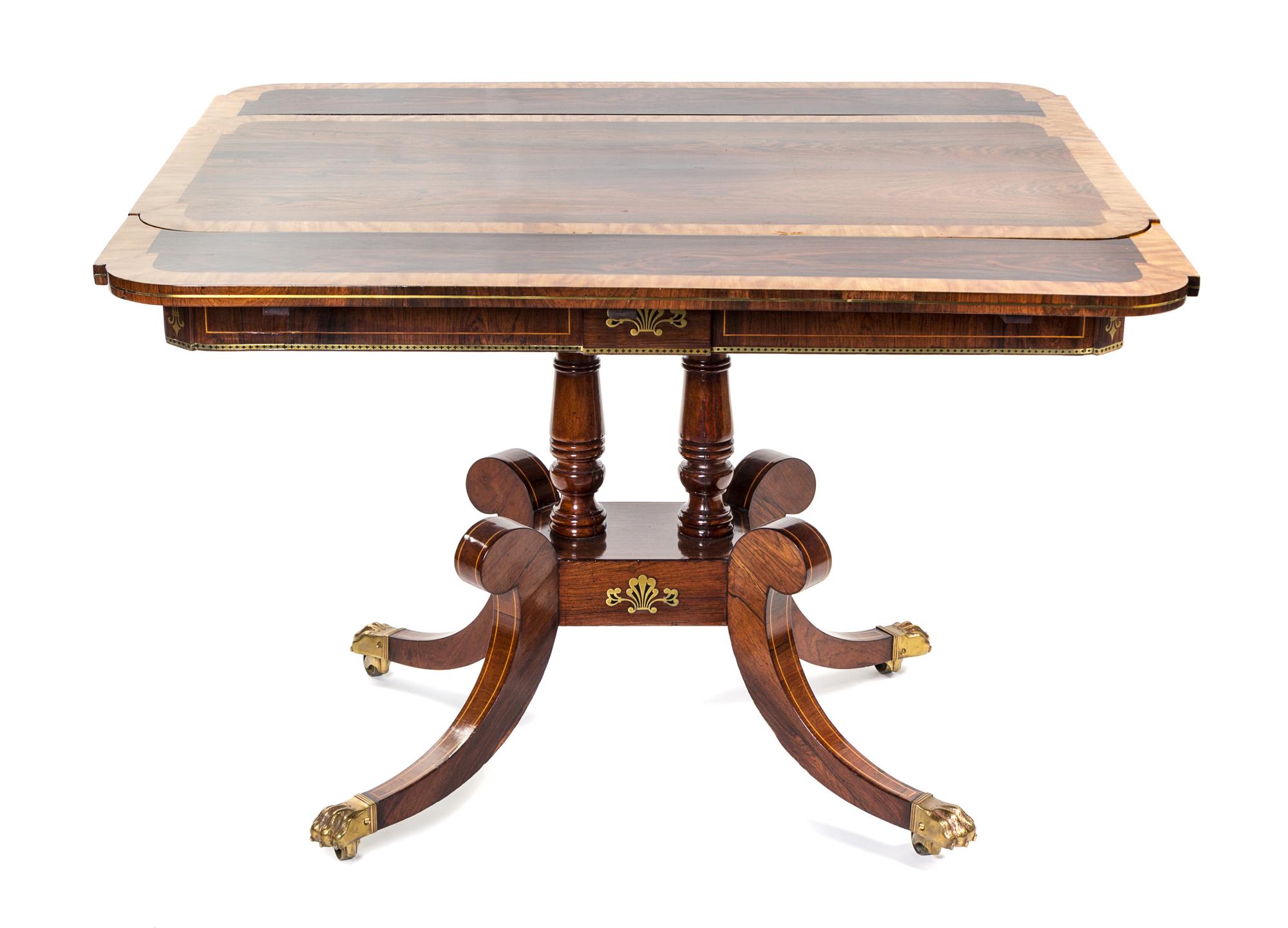 A Regency Brass Inlaid Rosewood and Satinwood Sofa Table Height 28 1/2 x width 42 x depth 23 1/4 inches. — CIRCA 1820