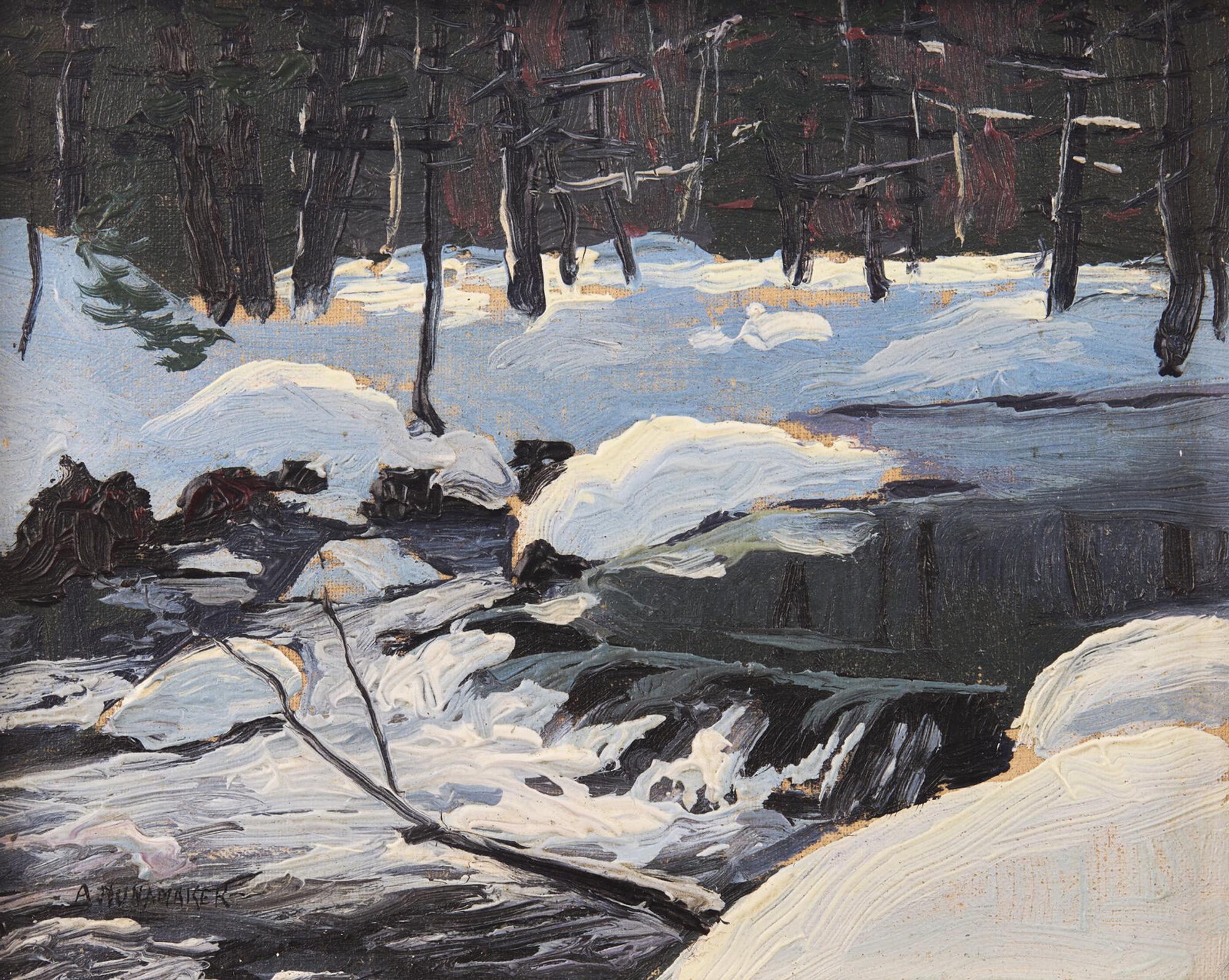 Kenneth R. Nunamaker (American, 1890-1957) and Alfred Nunamaker (American, 1915-1988) — Christmas Morning, Autumn, and The Brook (Three Works by Kenneth R. Nunamaker) ; together with Waterfall and Winter Brook (Two Works by Alfred Nunamaker)