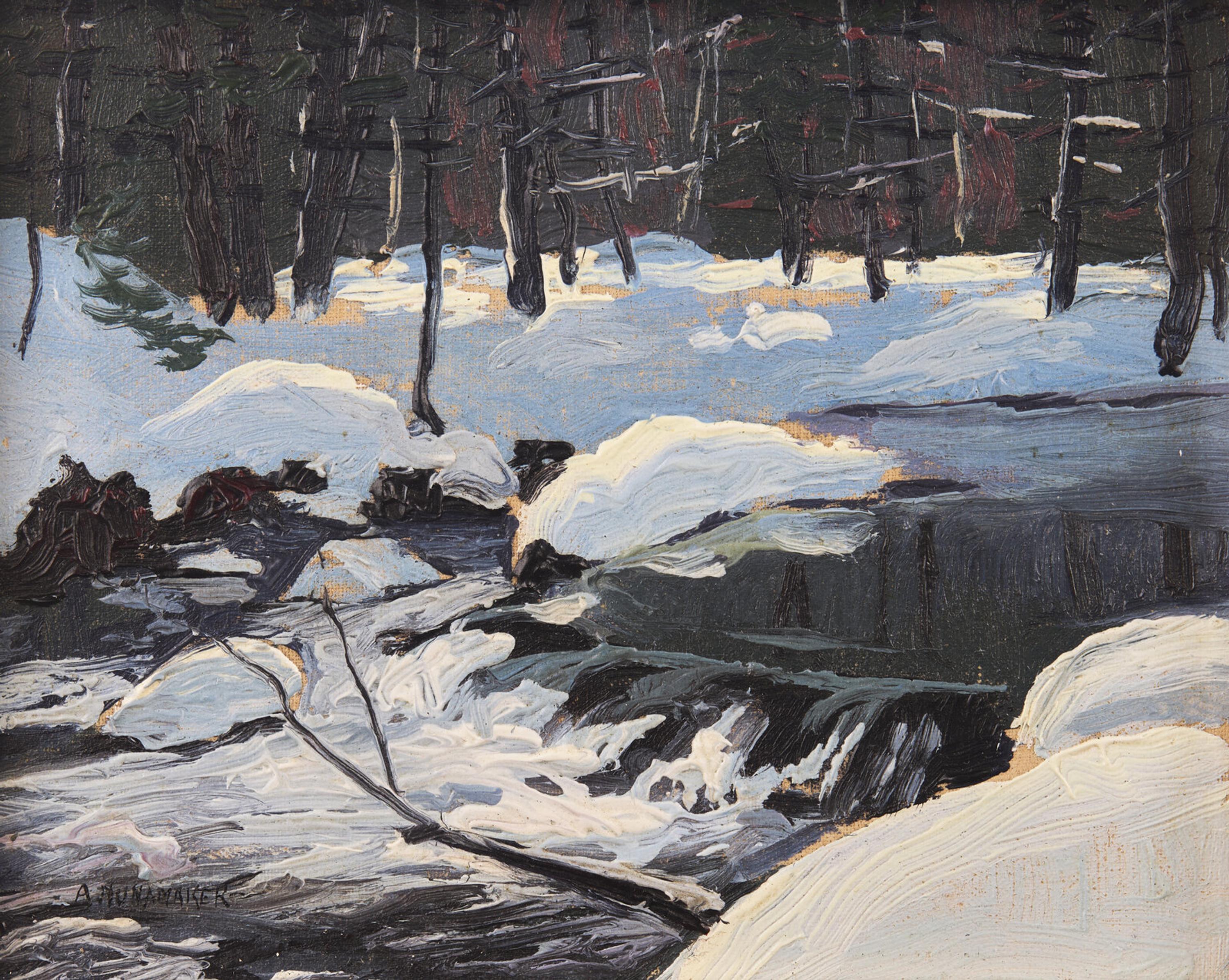 Kenneth R. Nunamaker (American, 1890-1957) and Alfred Nunamaker (American, 1915-1988) — Christmas Morning, Autumn, and The Brook (Three Works by Kenneth R. Nunamaker) ; together with Waterfall and Winter Brook (Two Works by Alfred Nunamaker)