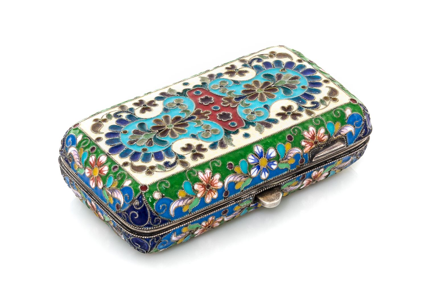 A Russian Enameled Silver and Plique-a-Jour Cigarette Case, , the lid and underside with floral and foliate decoration, the sides with