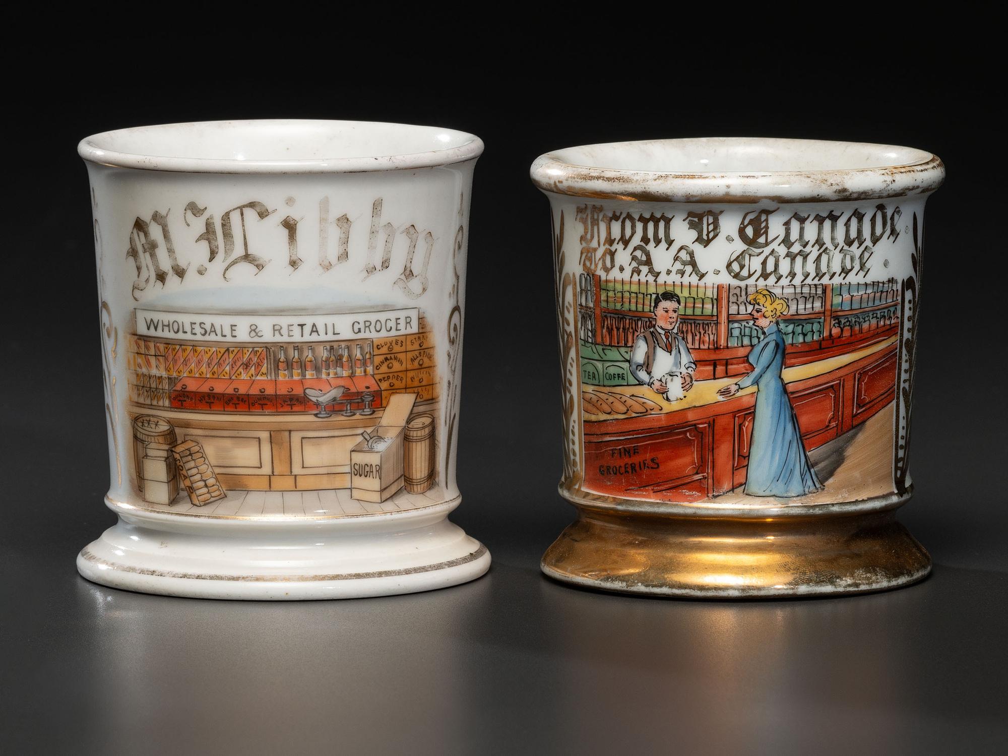Two Grocer's Porcelain Occupational Shaving Mugs