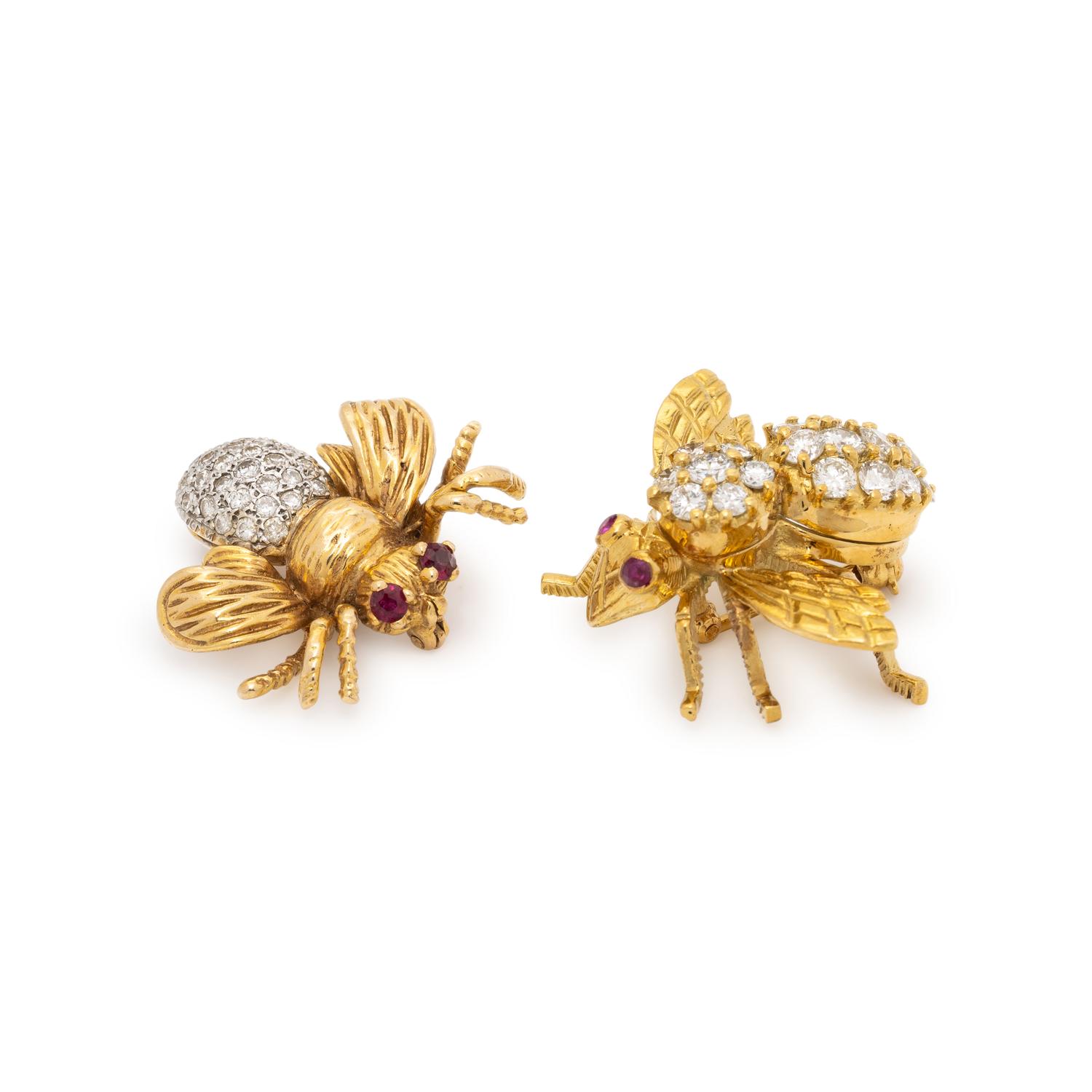 TWO YELLOW GOLD AND DIAMOND BEE PINS