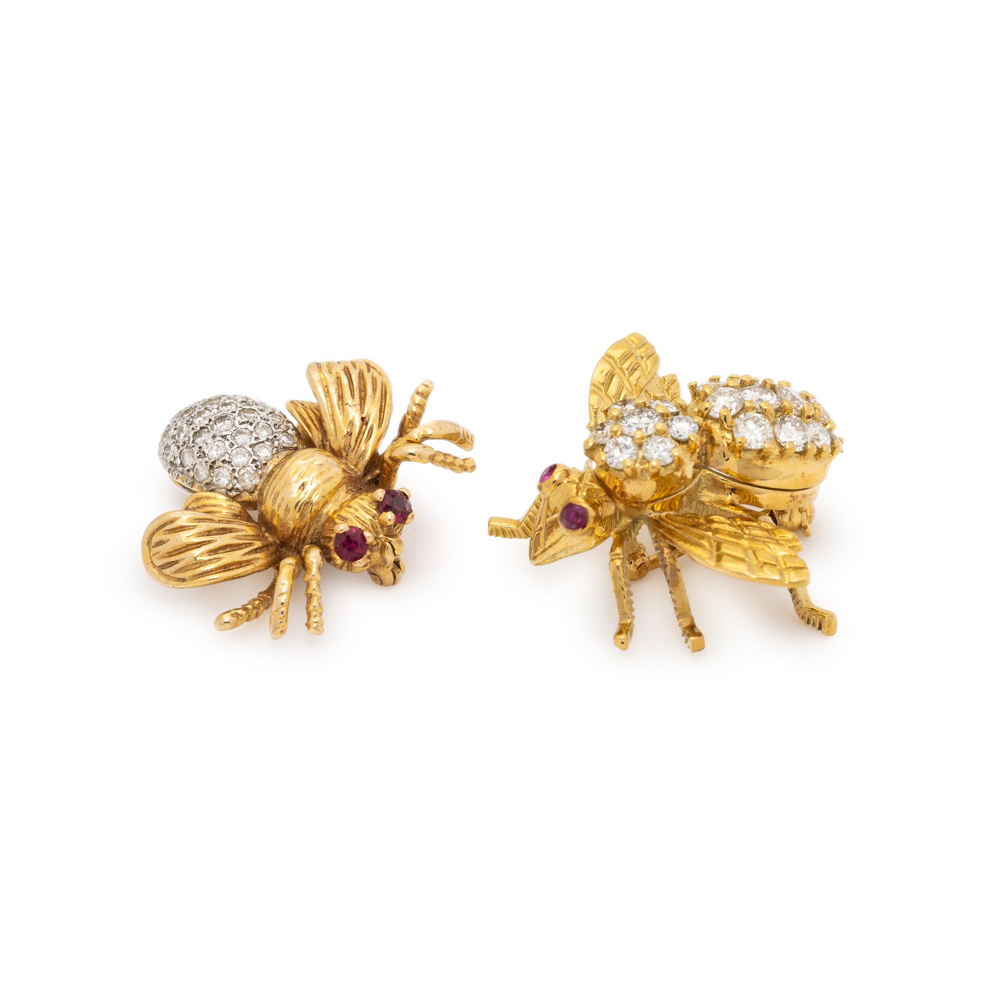 TWO YELLOW GOLD AND DIAMOND BEE PINS