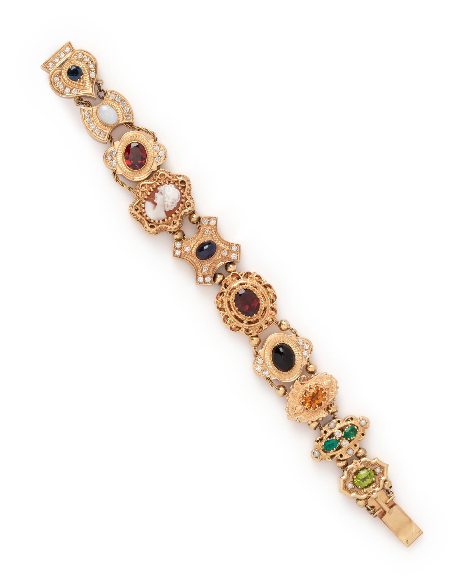 YELLOW GOLD, GEMSTONE AND DIAMOND SLIDE CHARM BRACELET