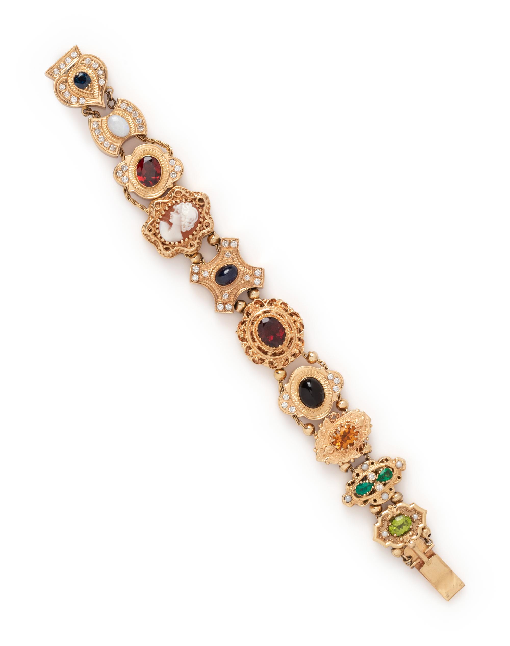 YELLOW GOLD, GEMSTONE AND DIAMOND SLIDE CHARM BRACELET