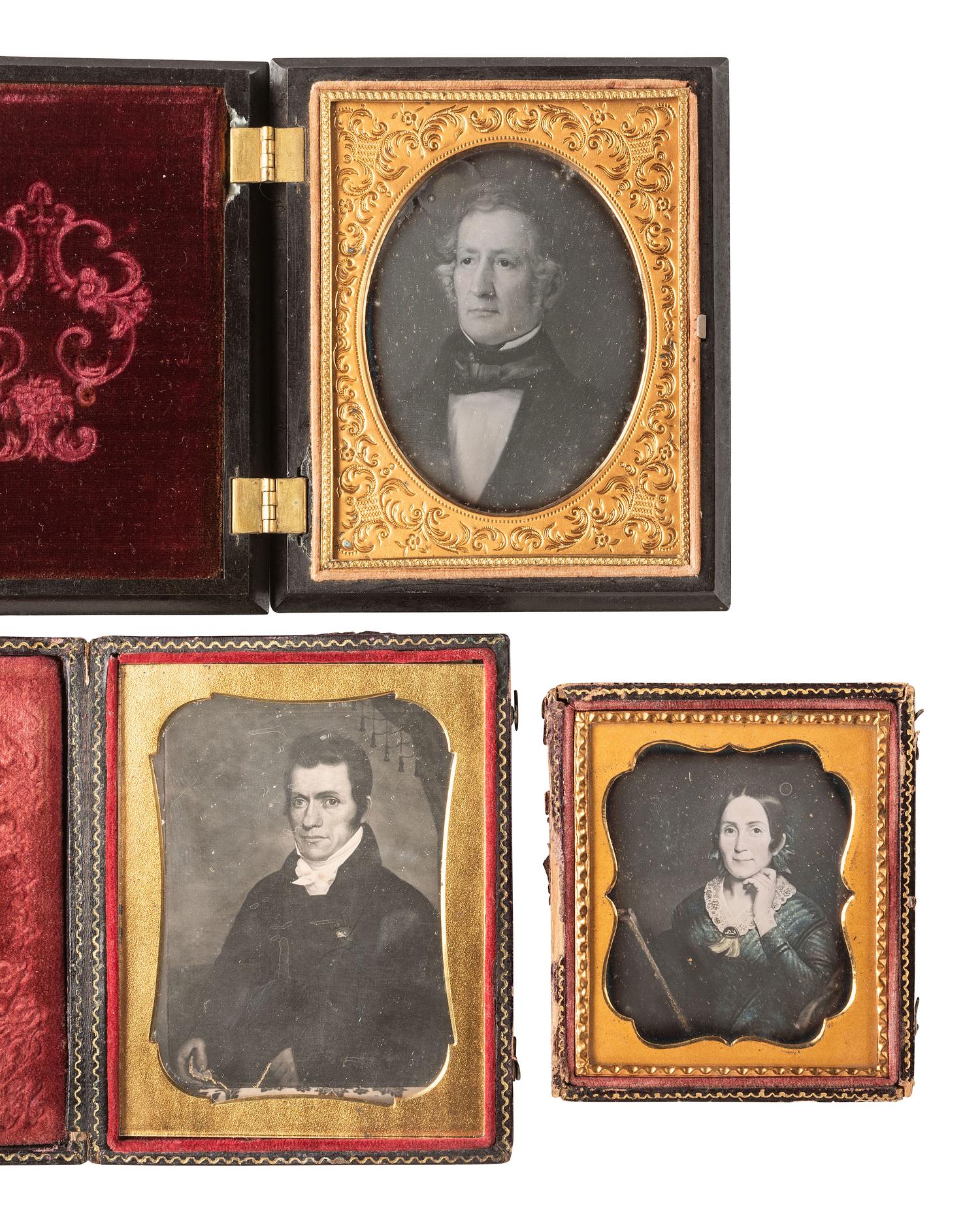 [EARLY PHOTOGRAPHY]. 3 daguerreotypes featuring folk art portraits of male and female subjects.