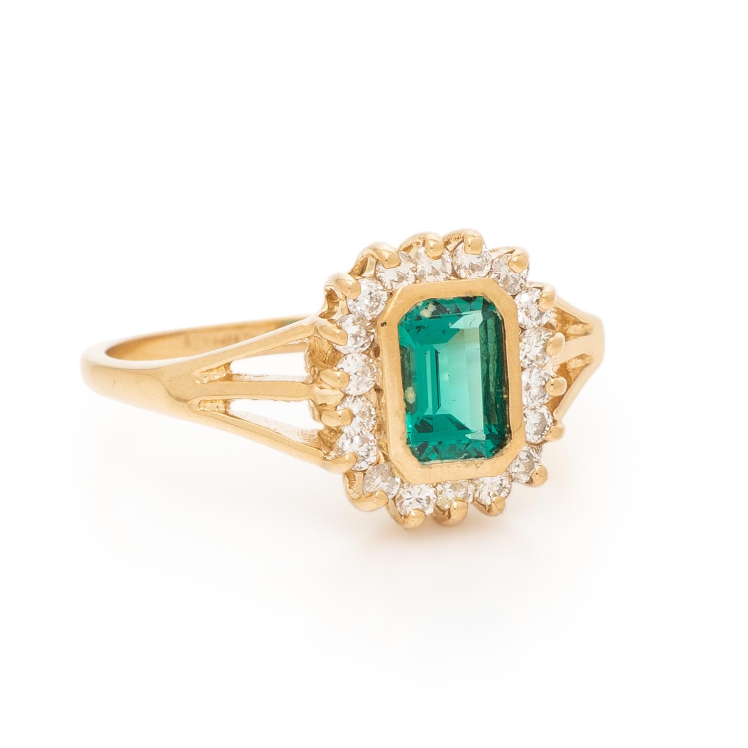 SYNTHETIC EMERALD AND DIAMOND RING