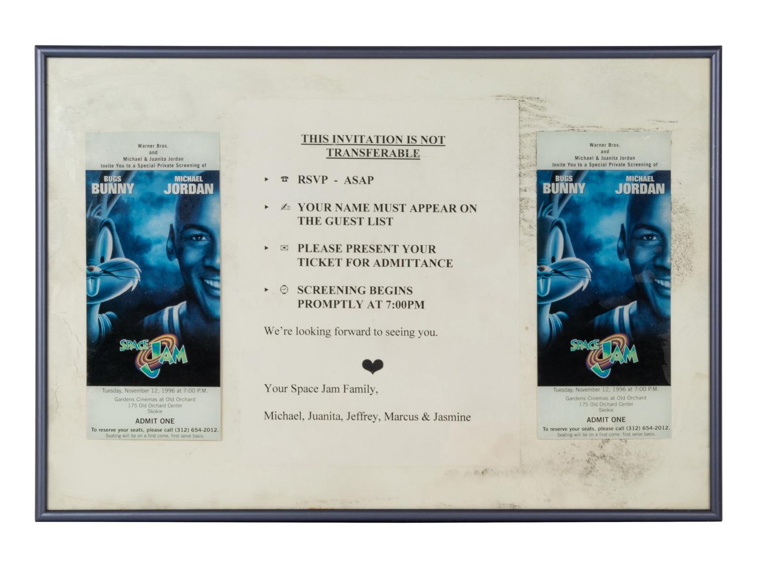 A Michael Jordan Signed Autograph Upper Deck Print and Family Invitation / Tickets to Space Jam Premiere,