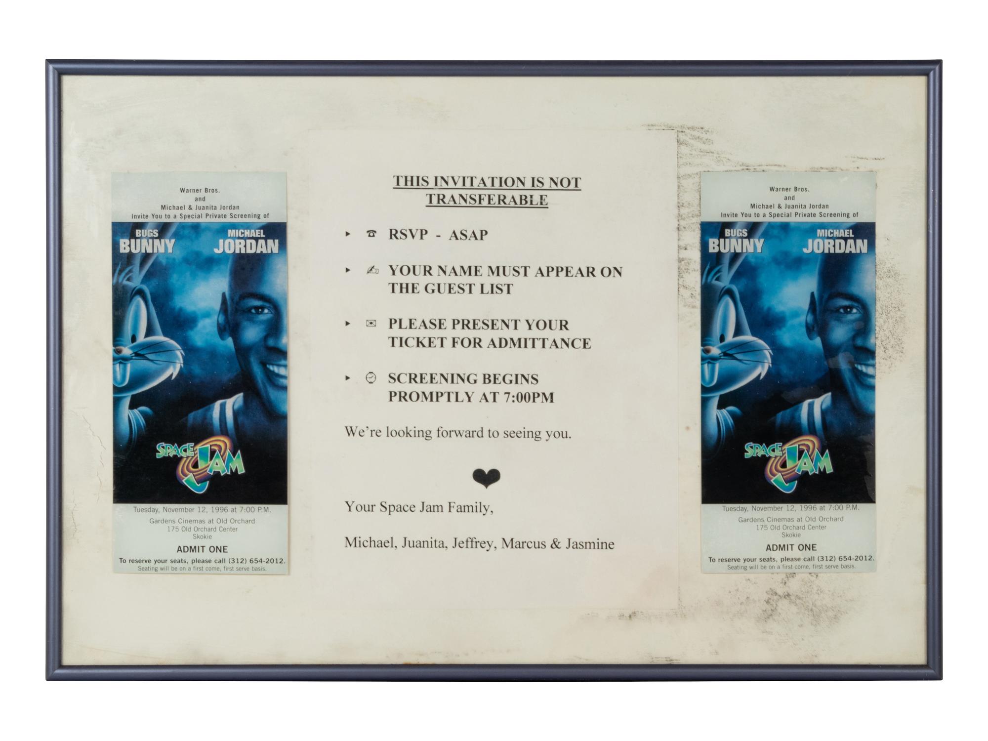 A Michael Jordan Signed Autograph Upper Deck Print and Family Invitation / Tickets to Space Jam Premiere,