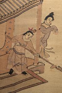 A Chinese Kesi Woven Silk Inset Hardwood Table Screen