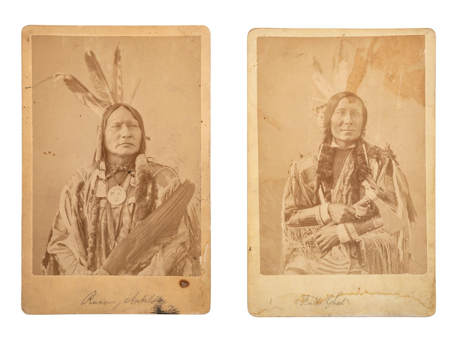 [NATIVE AMERICANS]. 2 cabinet cards of Bull's Ghost and Running Antelope by JACKSON and GARDNER, Washington, DC, ca 1870s.