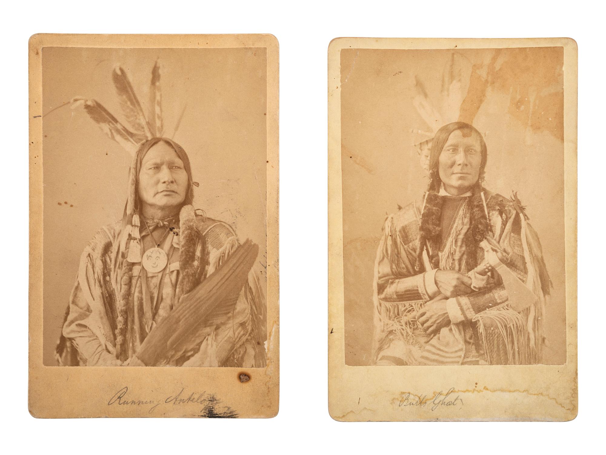 [NATIVE AMERICANS]. 2 cabinet cards of Bull's Ghost and Running Antelope by JACKSON and GARDNER, Washington, DC, ca 1870s.