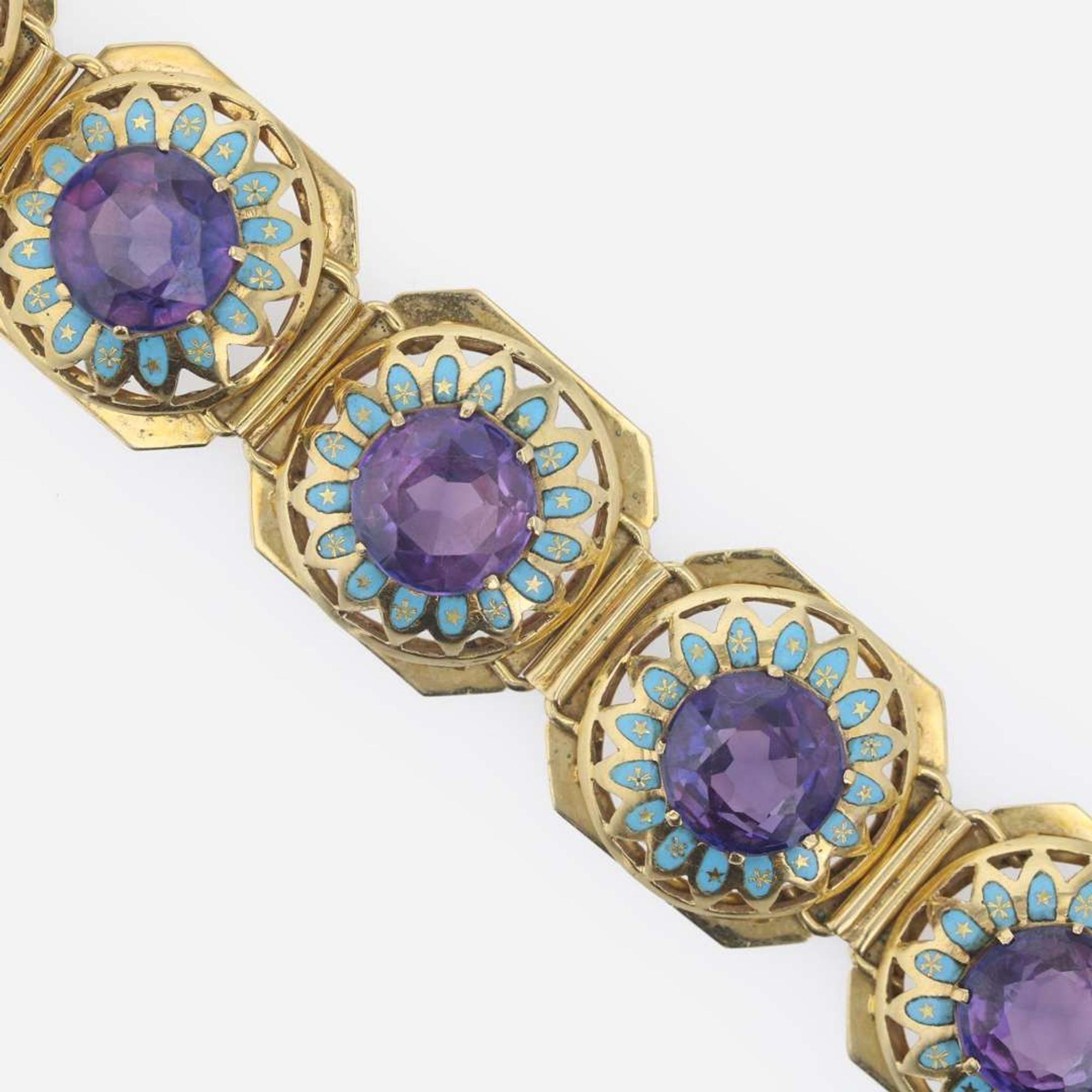 An 18K yellow gold, synthetic sapphire, and enamel bracelet
