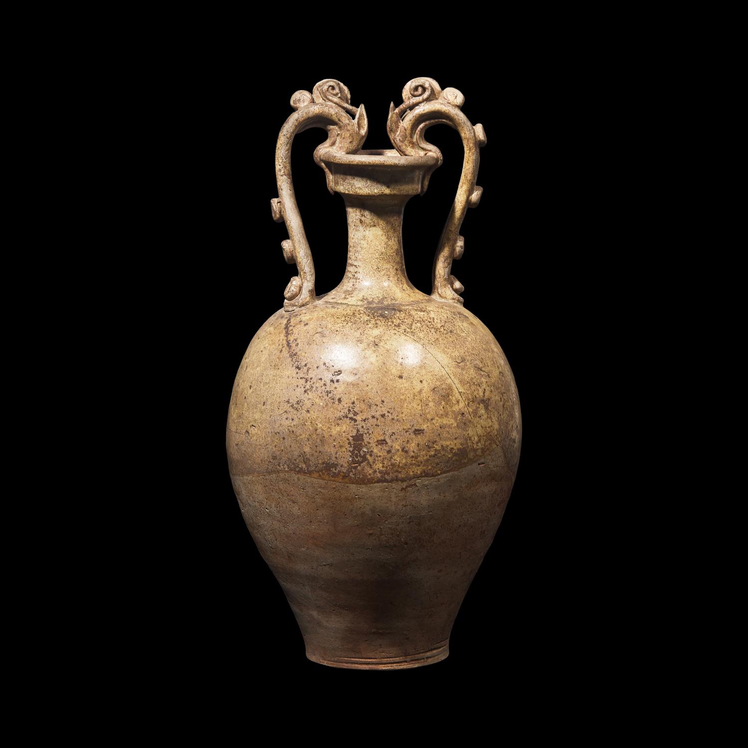 A Chinese Straw Glazed Handled Amphora Vase, Tang Dynasty 唐 綠釉雙龍首瓶